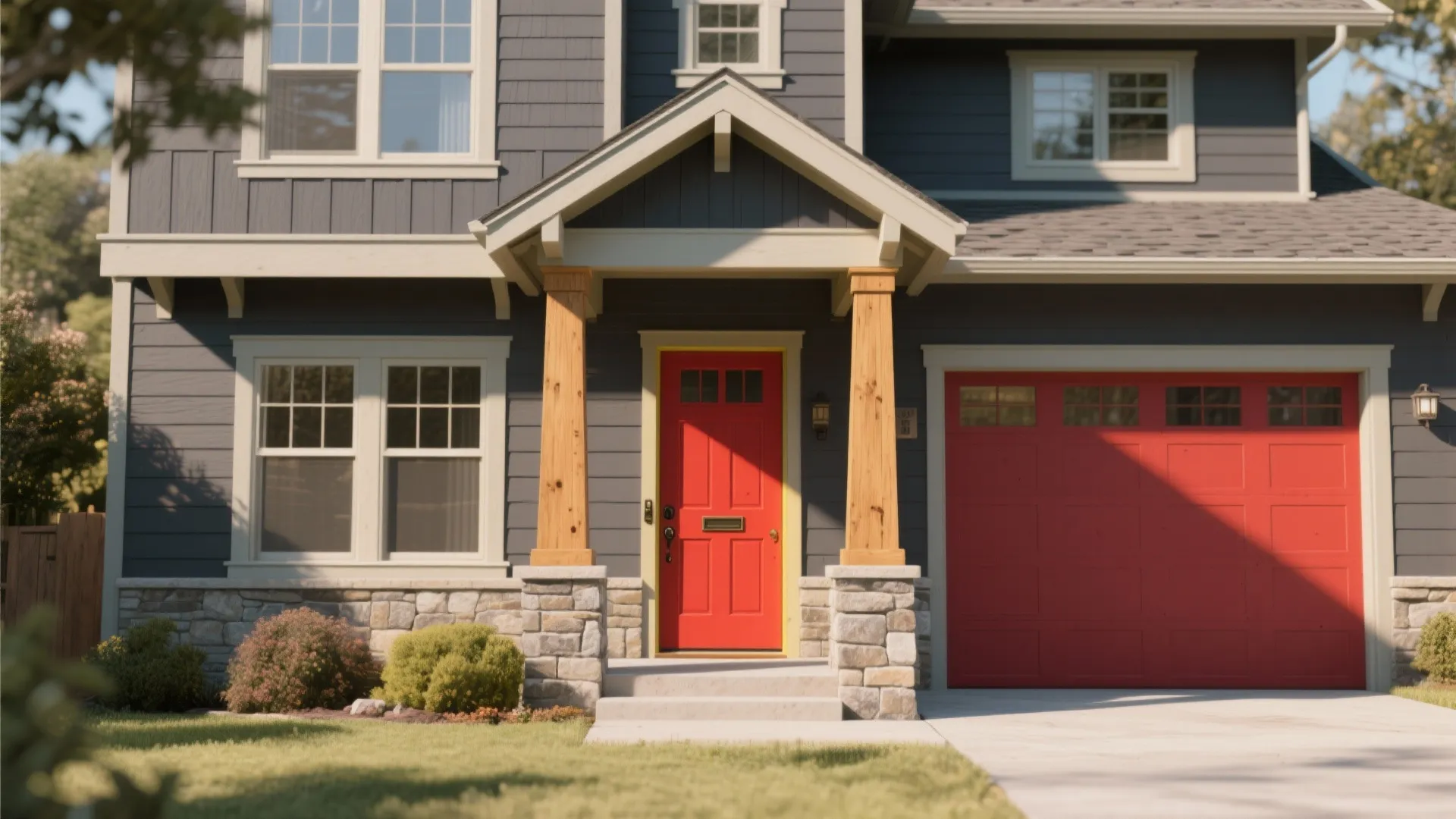 Modern blue house exterior with a bright red front door and a matching red garage