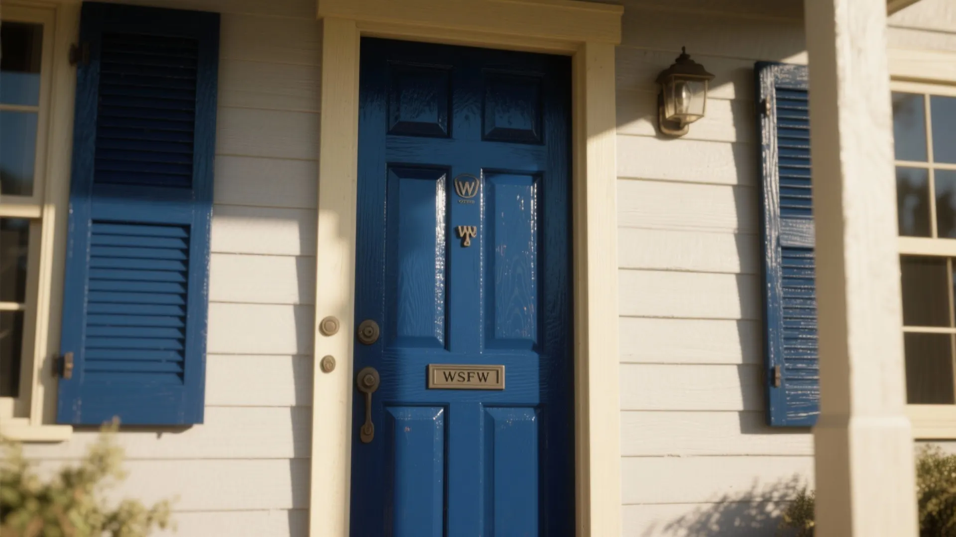 Bright blue front door with gold handle set against white wall panels and blue window shutters