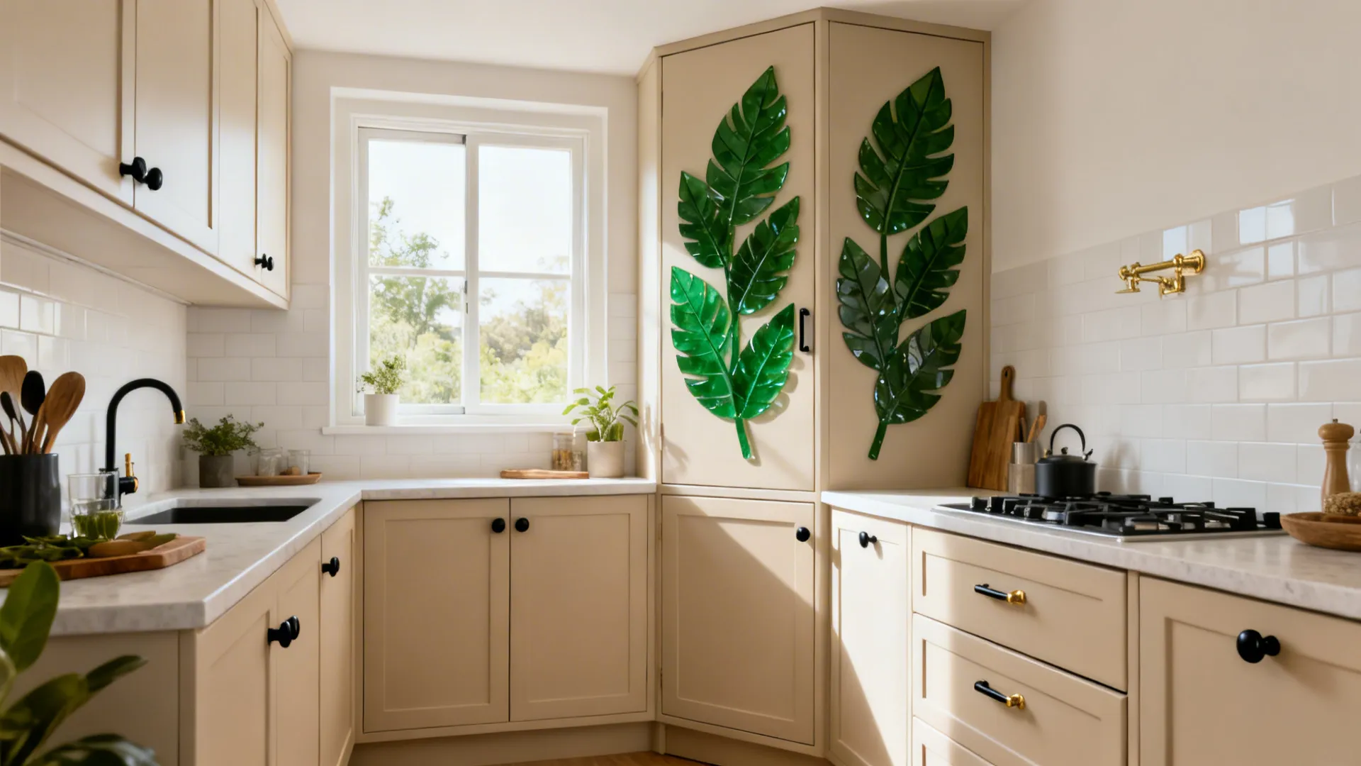 Bold botanical accents only on select cupboards