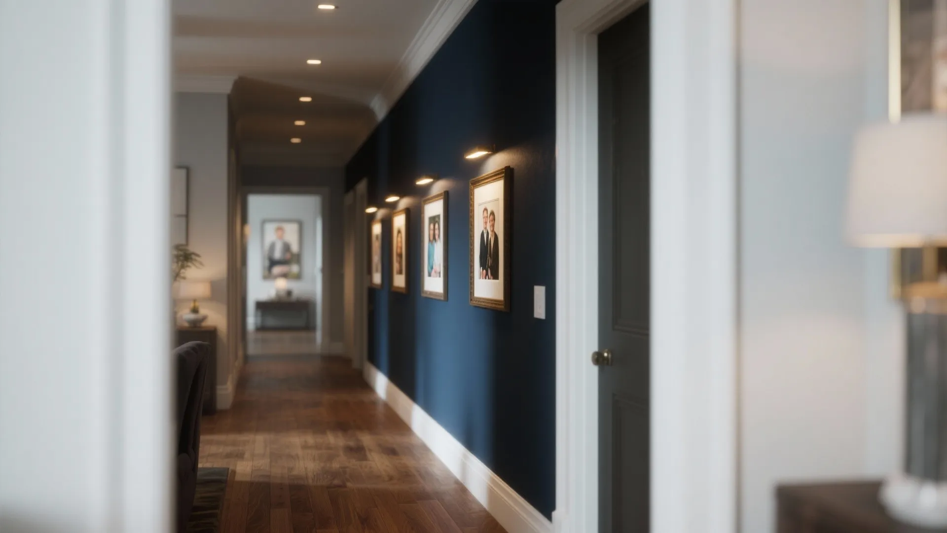 Long hallway with bold blue wall, framed family photos, wall lights, and warm wooden flooring