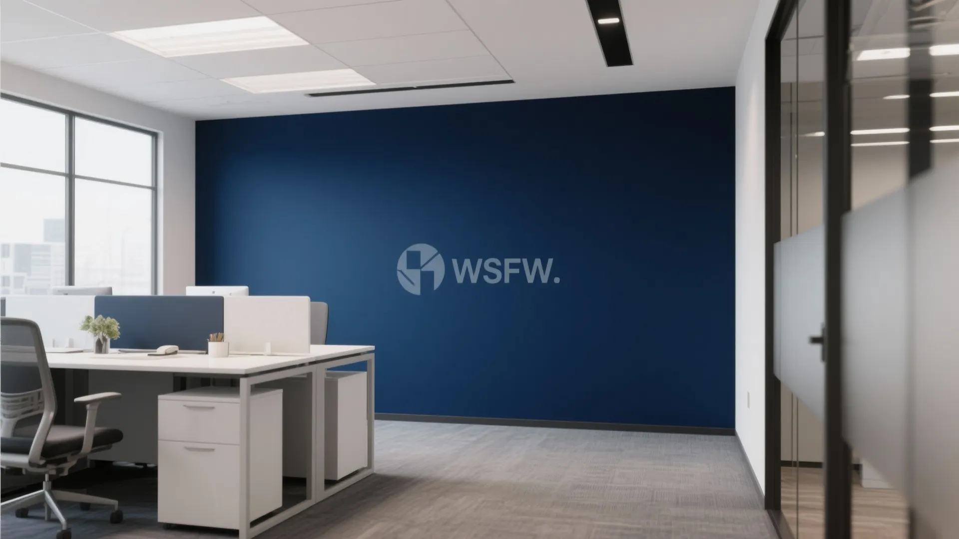 Office with a deep navy blue accent wall and neutral furnishings