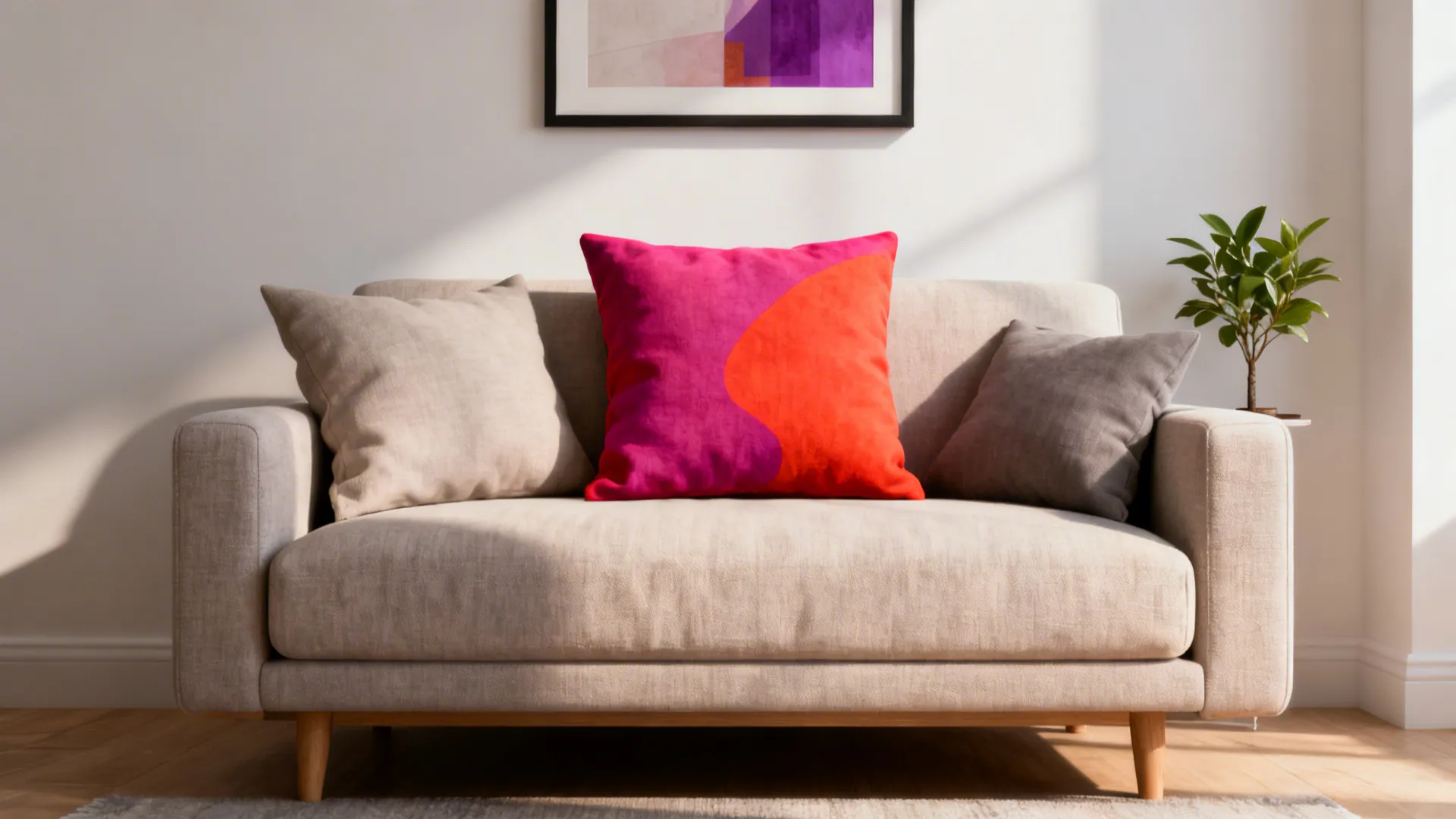Small sofa with one bold accent pillow paired with neutral cushions and repeated accent color in decor