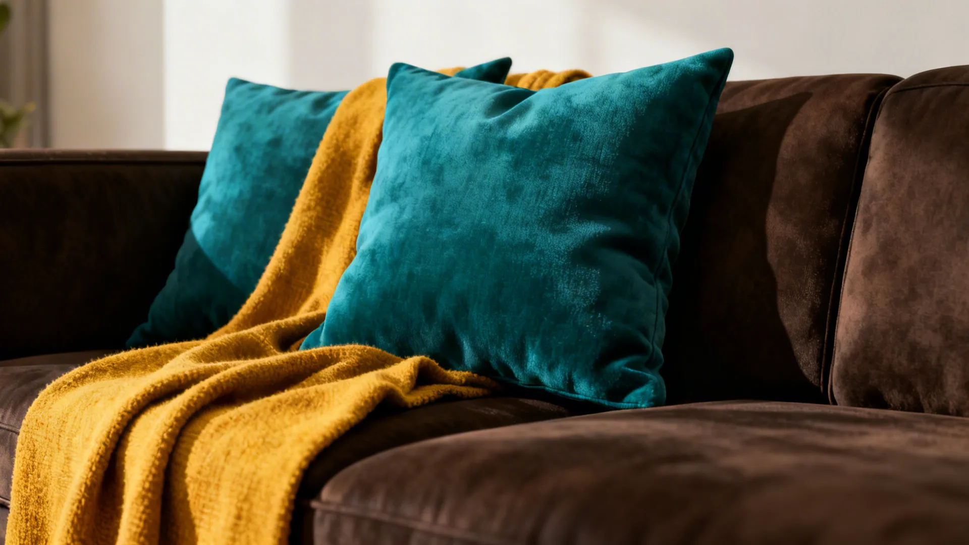 Deep teal and mustard accent pillows on a dark brown sofa adding personality.