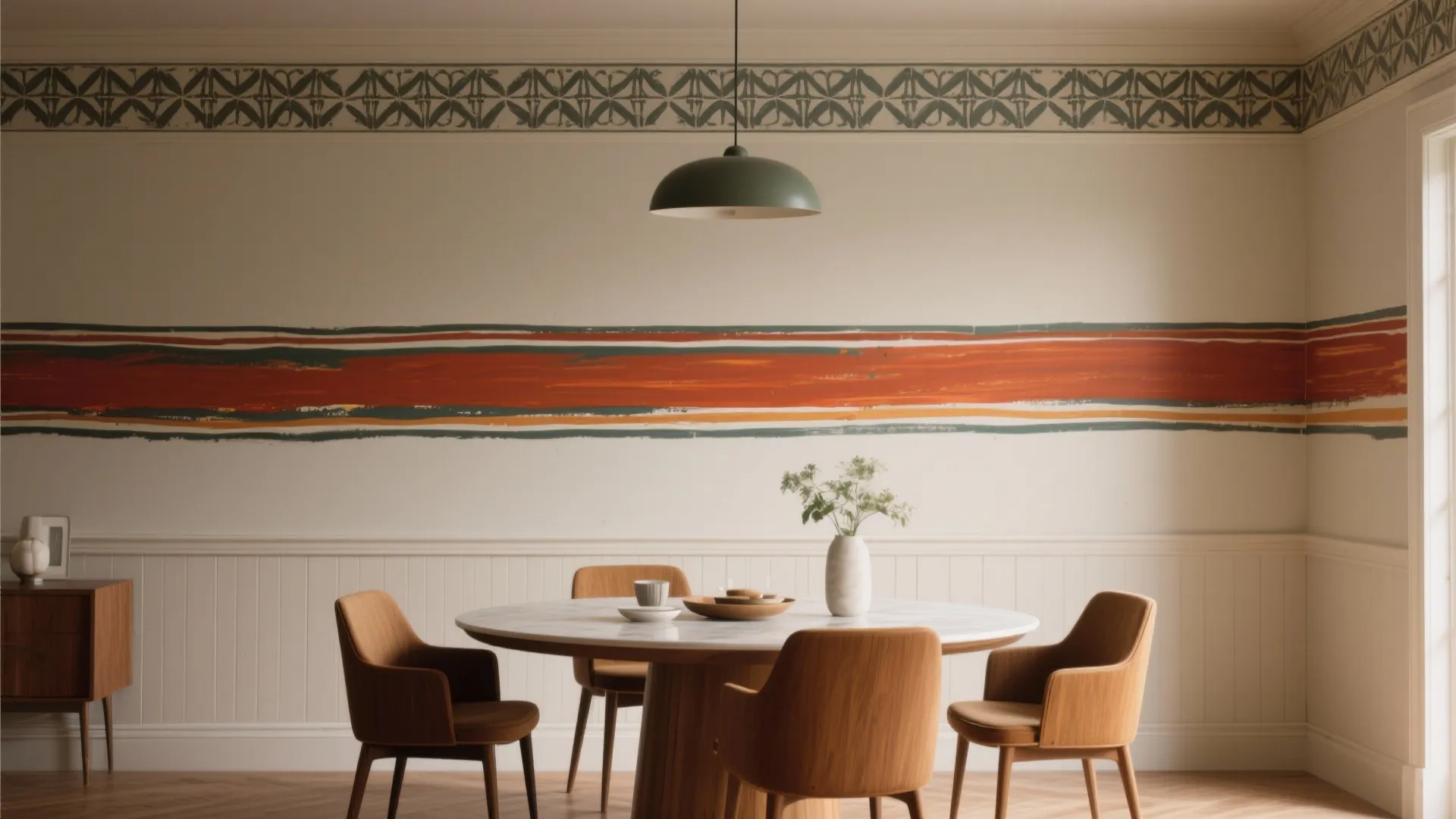 Modern dining area with round table, brown chairs, colorful wall stripe, white wall panel, light