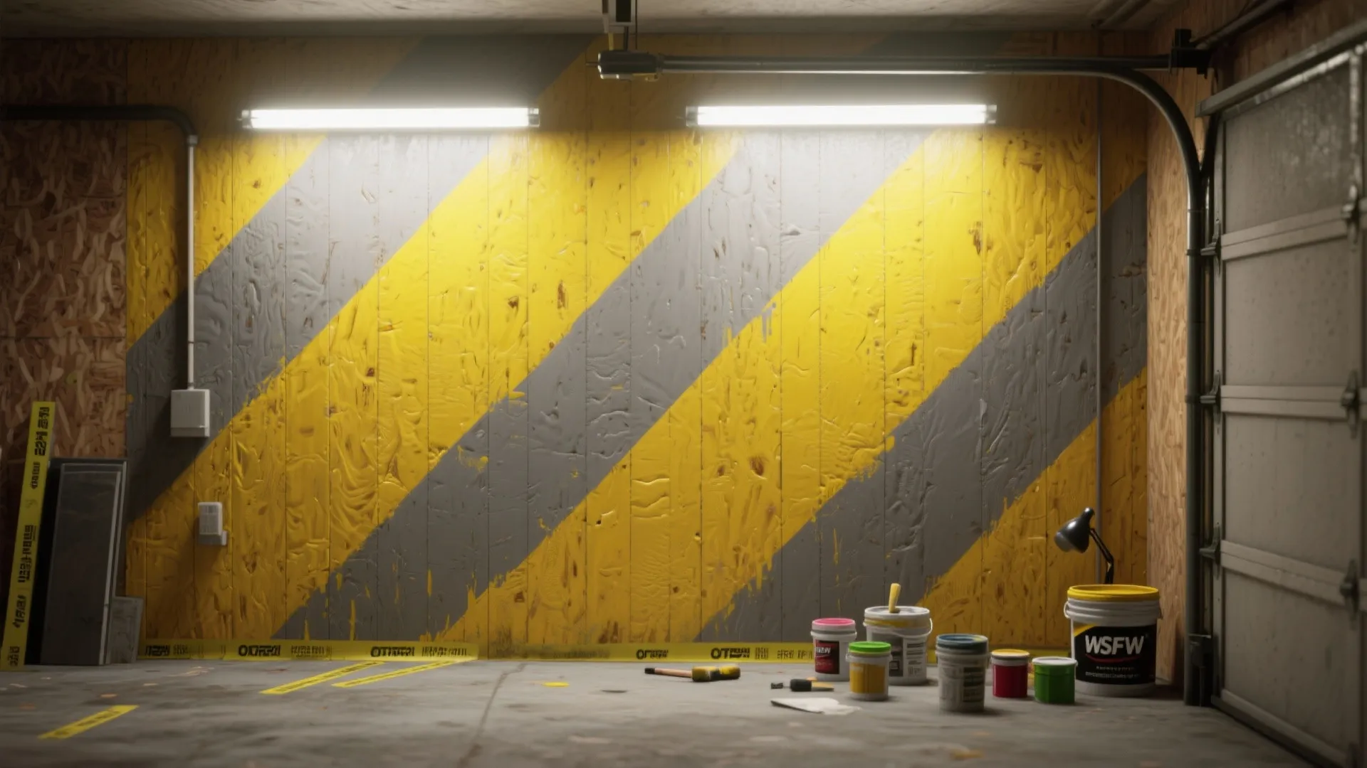Garage wall with yellow and grey diagonal stripes with paint cans and bright ceiling lights