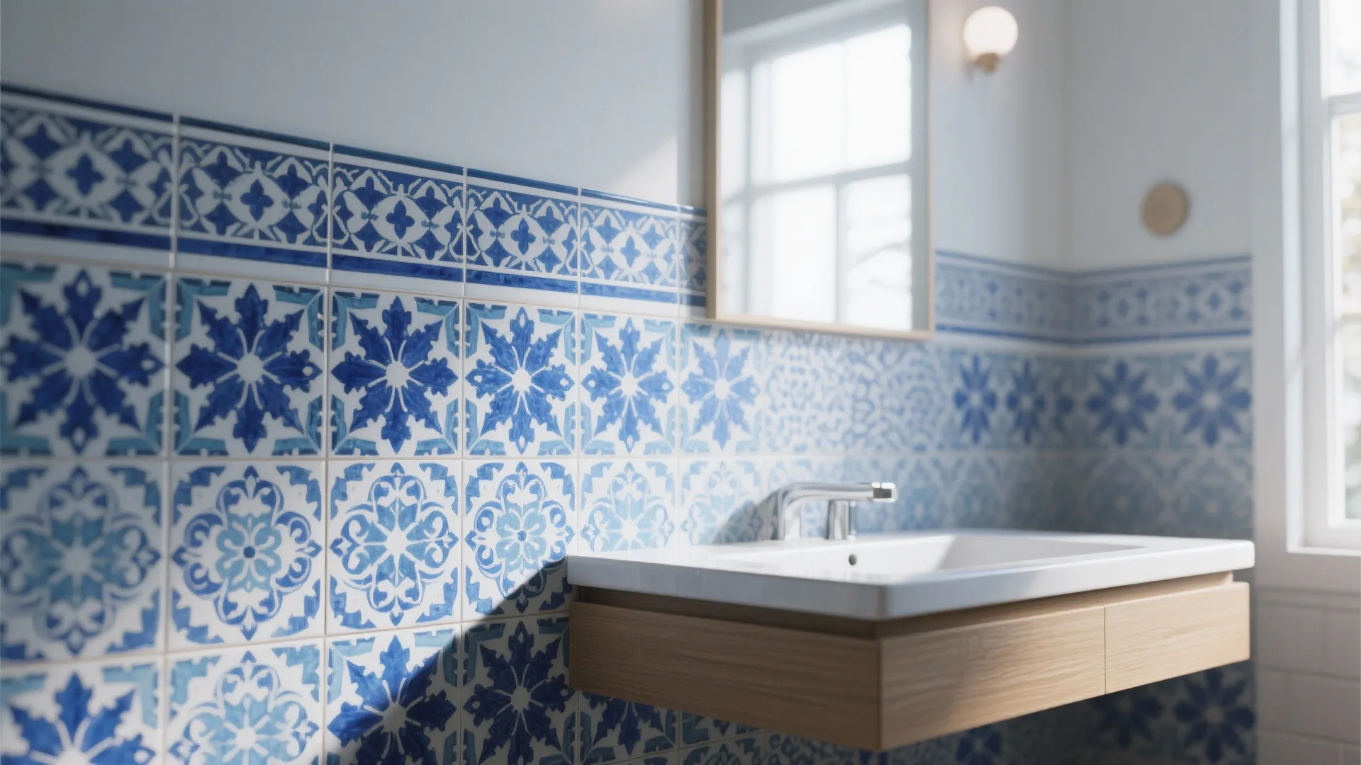 Modern bathroom with blue patterned wall tiles and a wooden floating sink cabinet with faucet