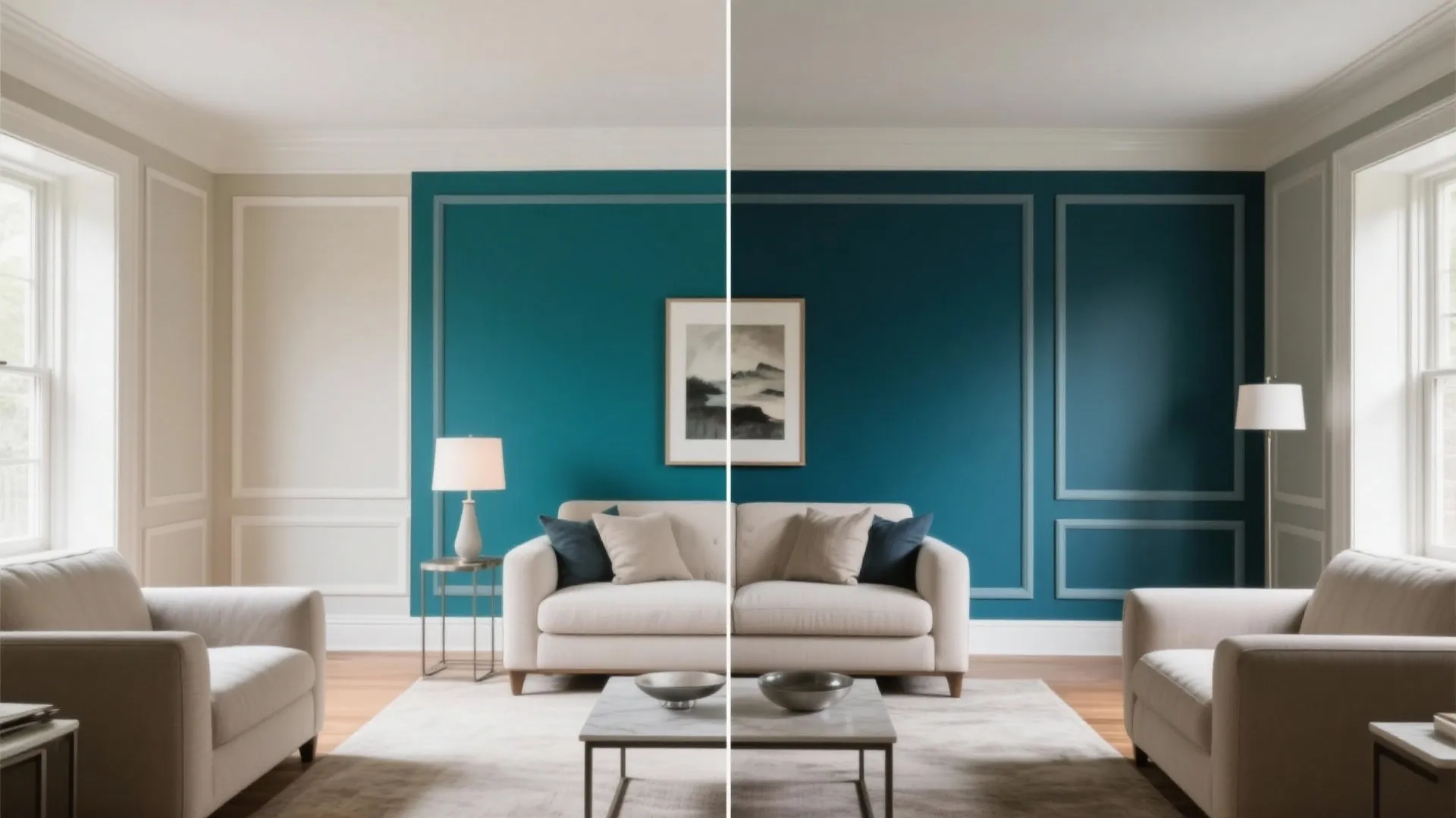 Comparison of living room with different blue wall panel colors white sofa and table lamps