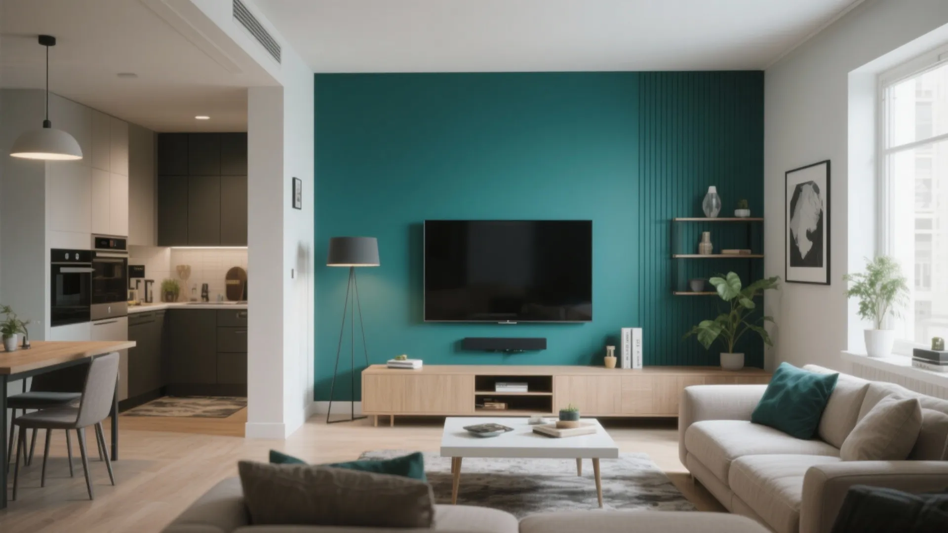 Contemporary living room featuring dark green accent wall with television wooden cabinet and open kitchen view