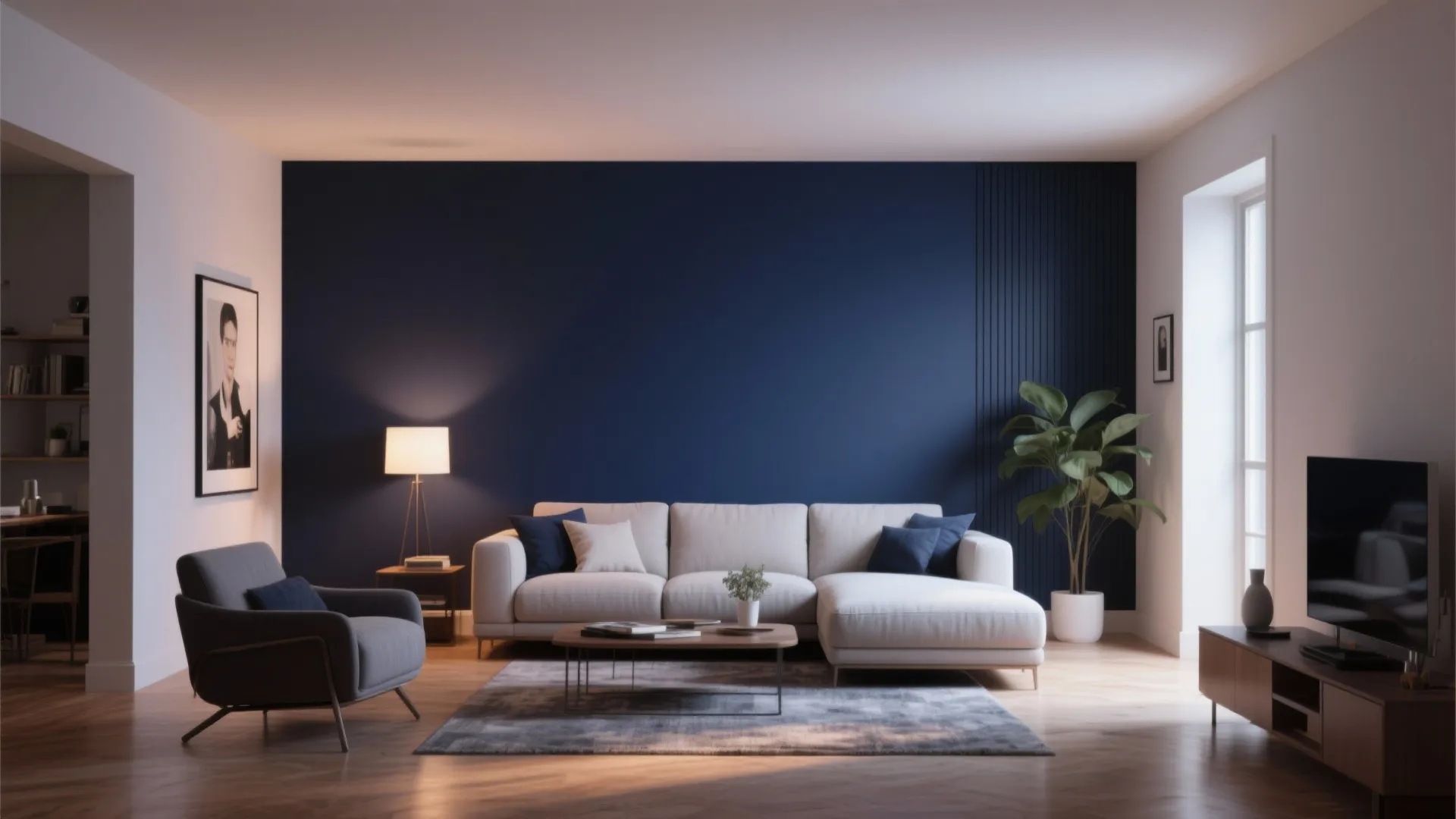 Modern living room featuring a navy blue accent wall with white sofa and wooden floor