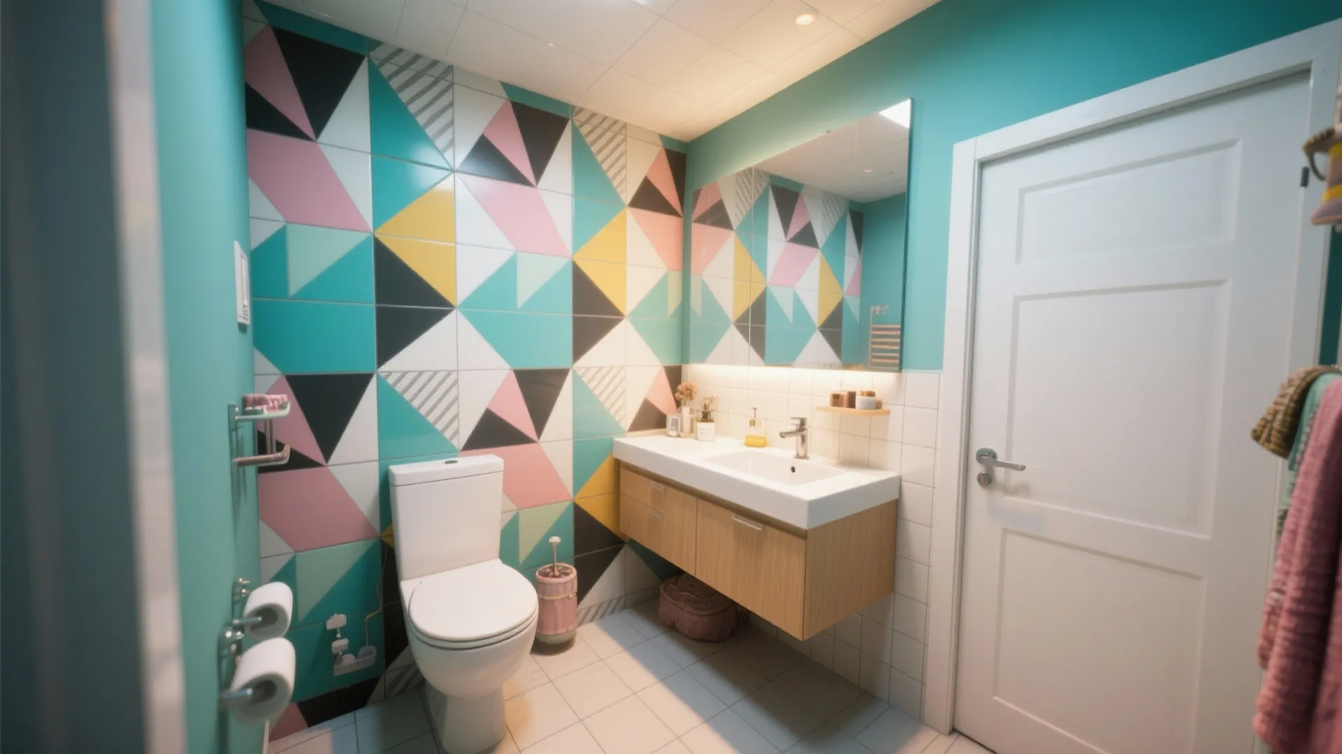 Small bathroom with colorful geometric wall tiles a white toilet wooden cabinet and teal paint