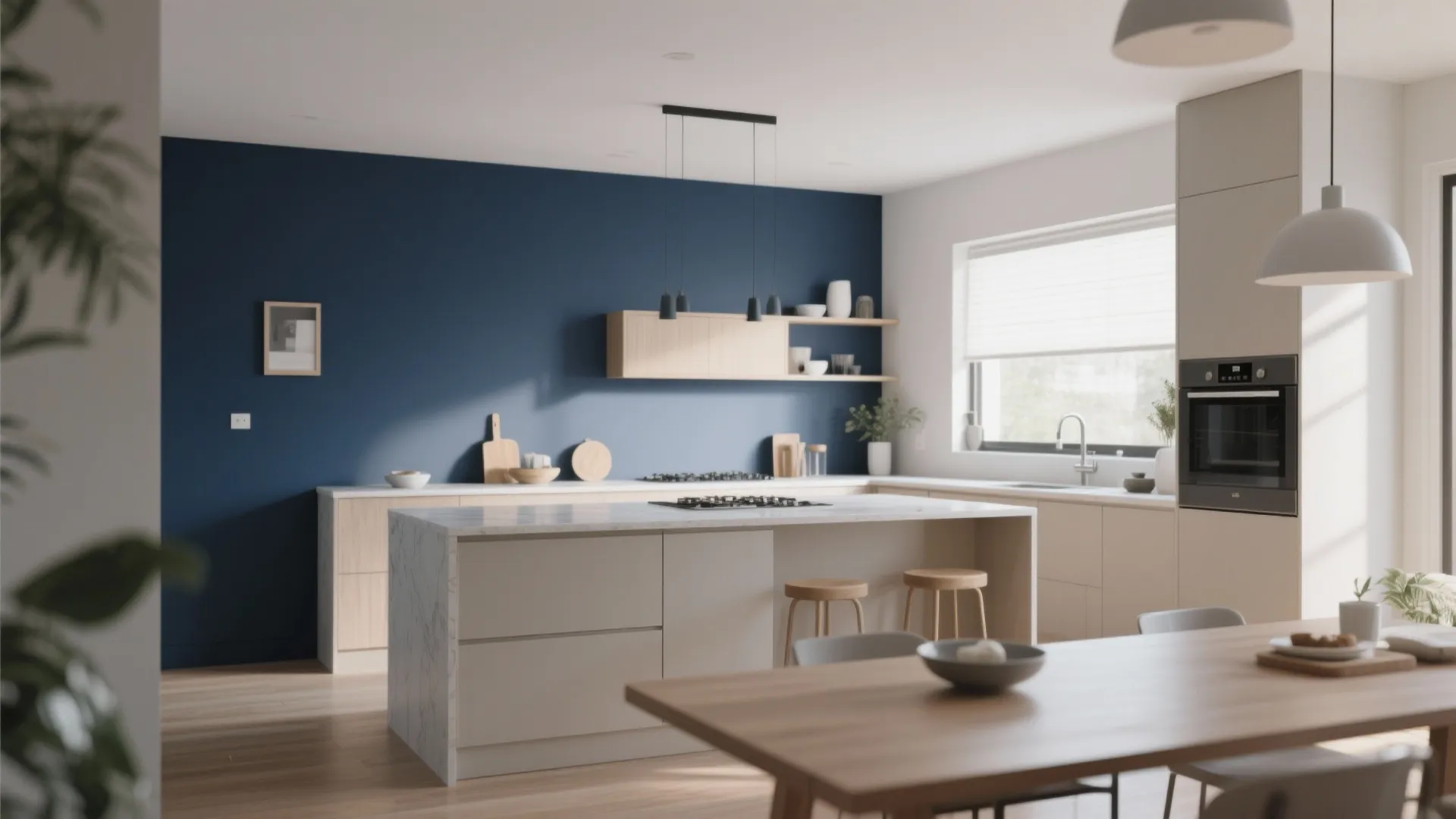 Kitchen with deep navy accent wall and light finishes