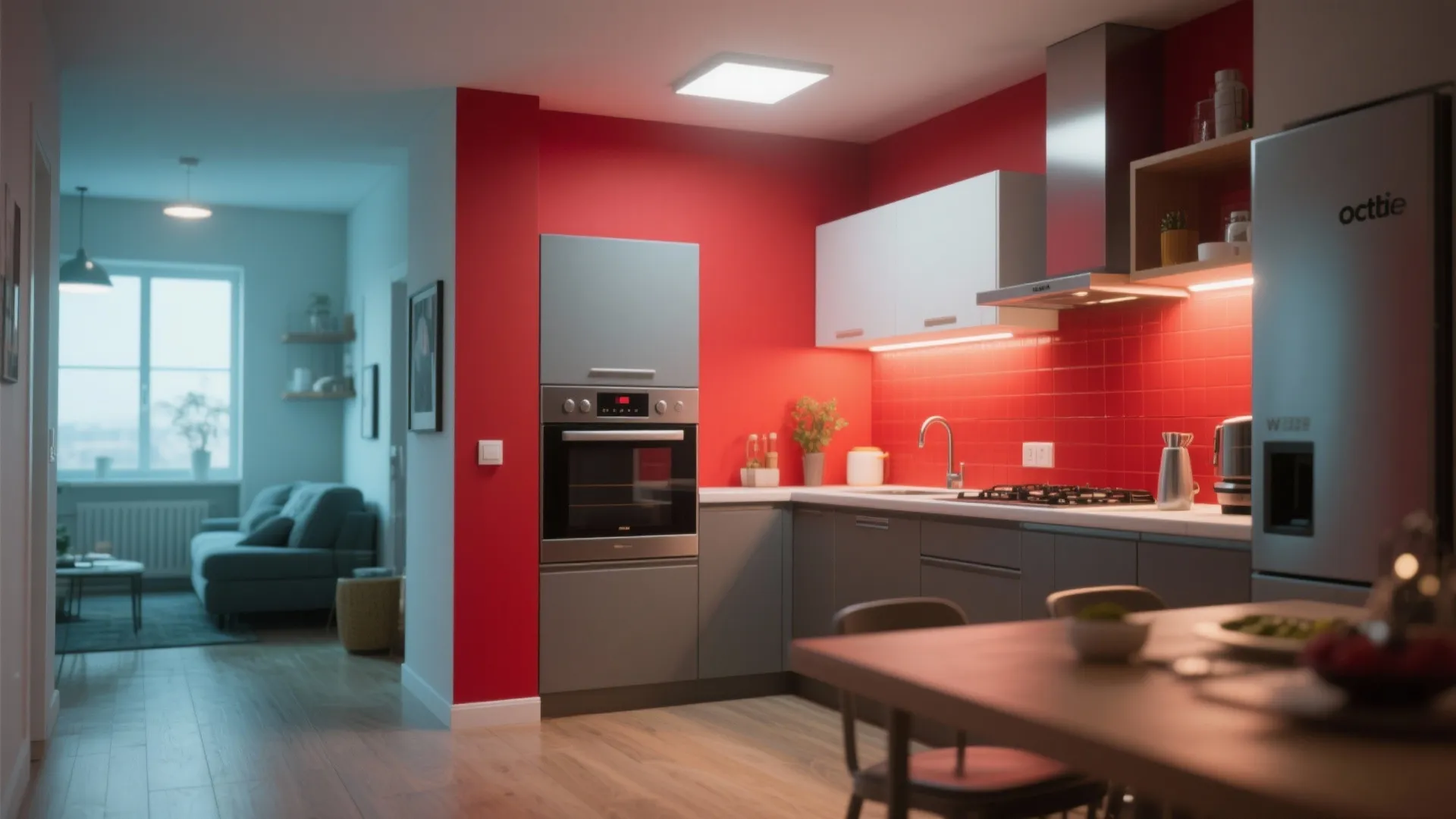 Small kitchen with a striking crimson accent wall