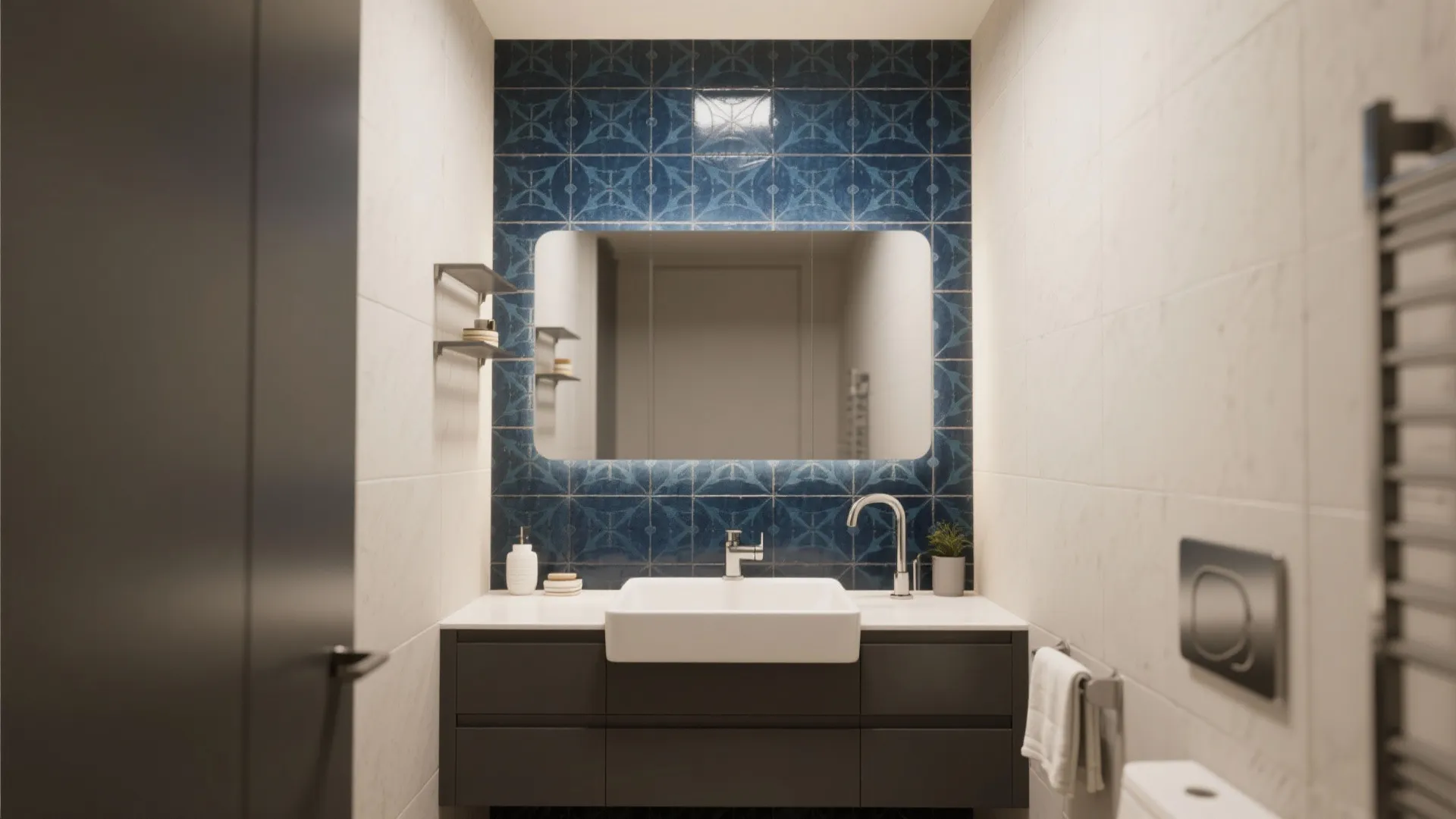 Bathroom vanity with white sink and dark cabinet against a blue patterned tile accent wall