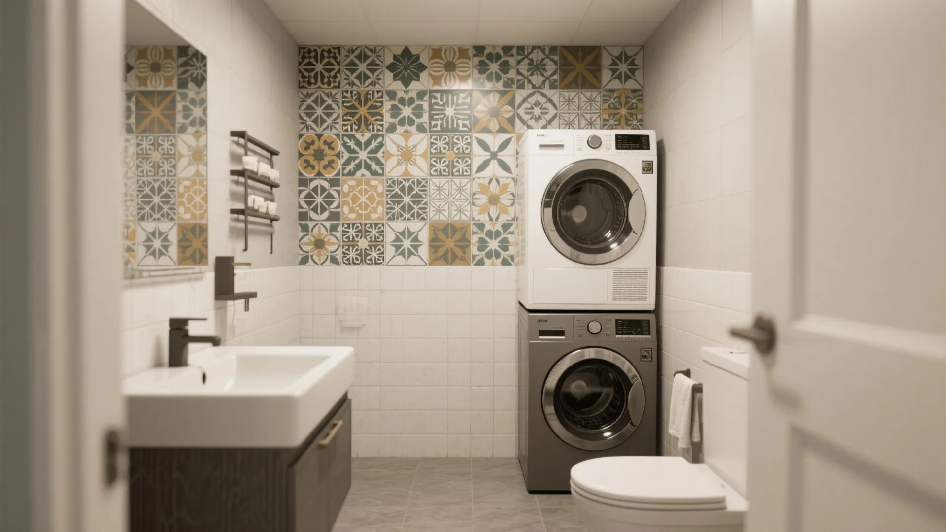 Small bathroom with patterned wall tiles stacked washing machine white sink and a simple toilet