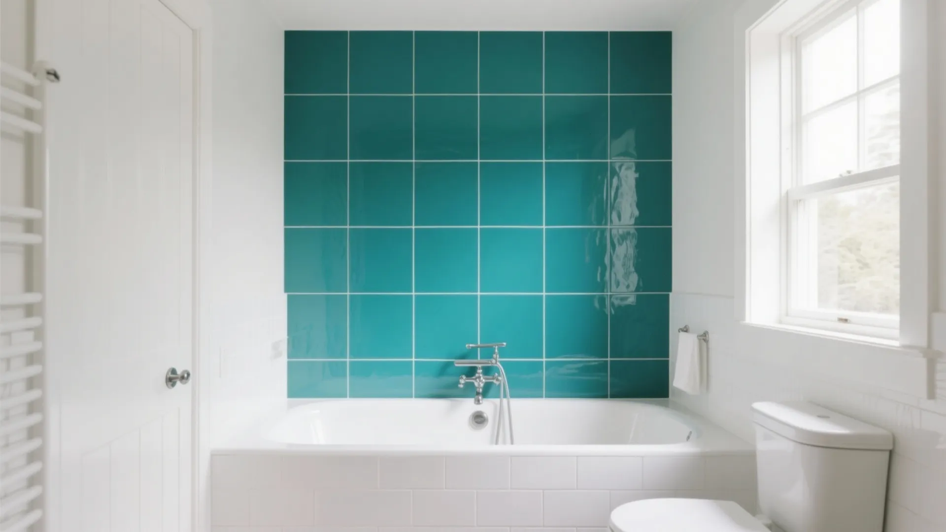 Modern white bathroom featuring teal blue square wall tiles behind a bathtub and window view