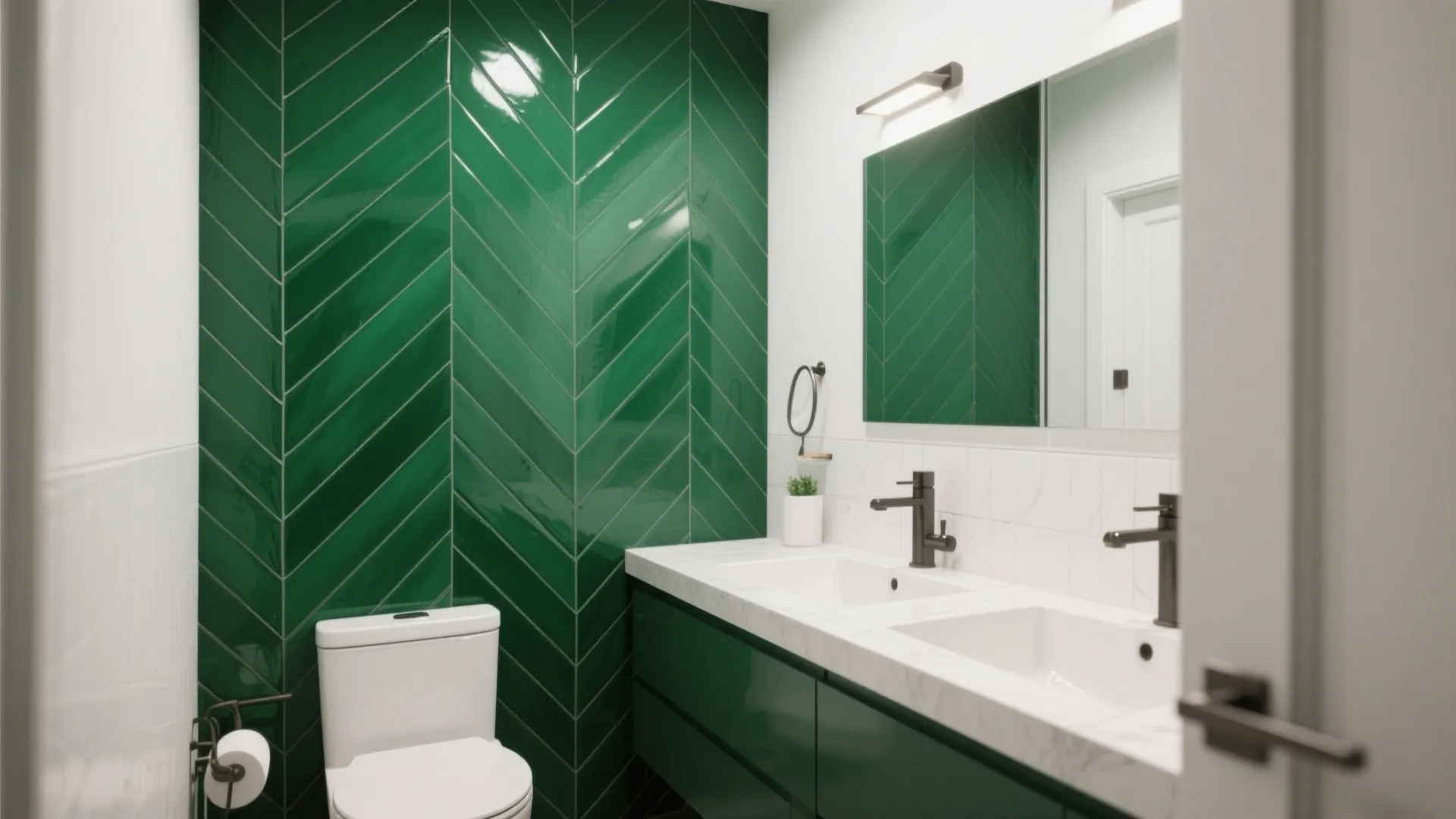 Bathroom featuring green chevron pattern wall tile white sinks dark green cabinets and large mirror