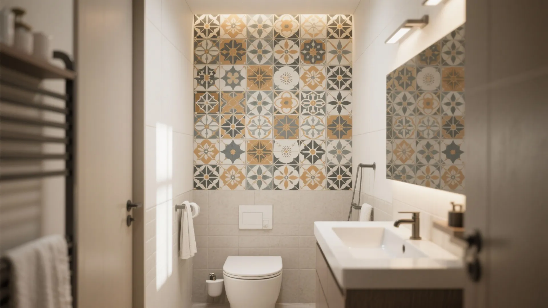 Small bathroom featuring a decorative patterned tile accent wall behind the toilet and white sink