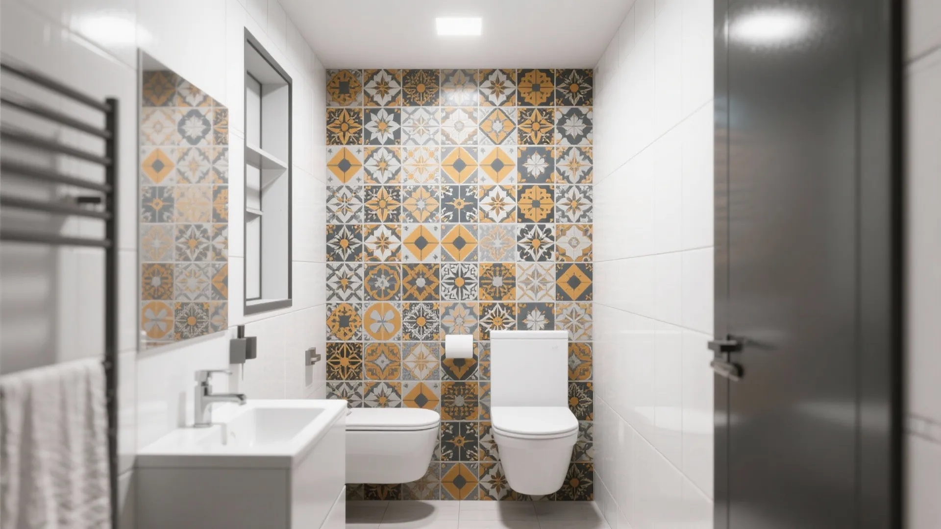 Small bathroom featuring yellow patterned tiles white walls white toilet sink and a large mirror