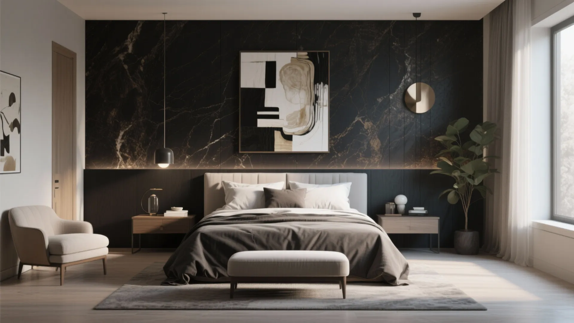 Modern bedroom featuring black marble wall abstract painting grey bed white footrest armchair and plant