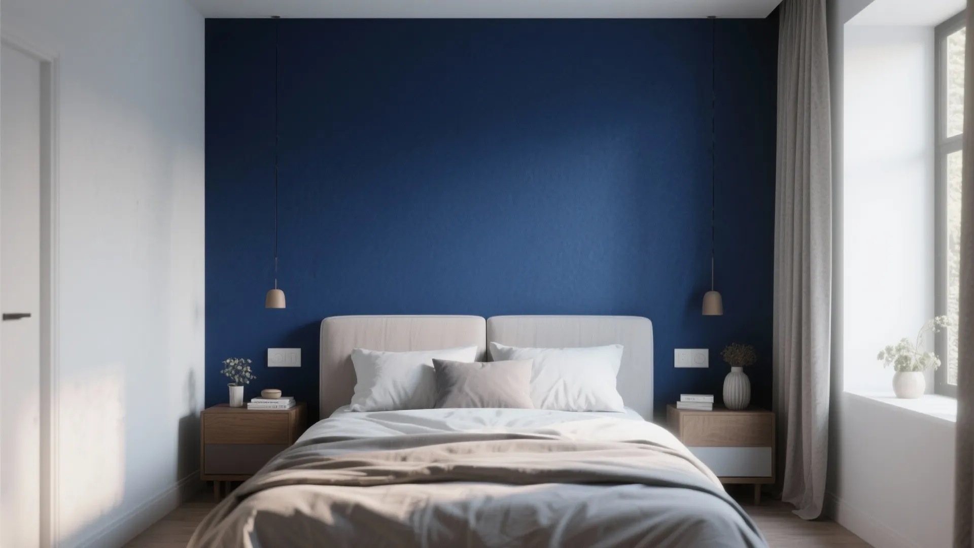 Modern bedroom with blue accent wall behind beige bed plus wooden bedside tables and light