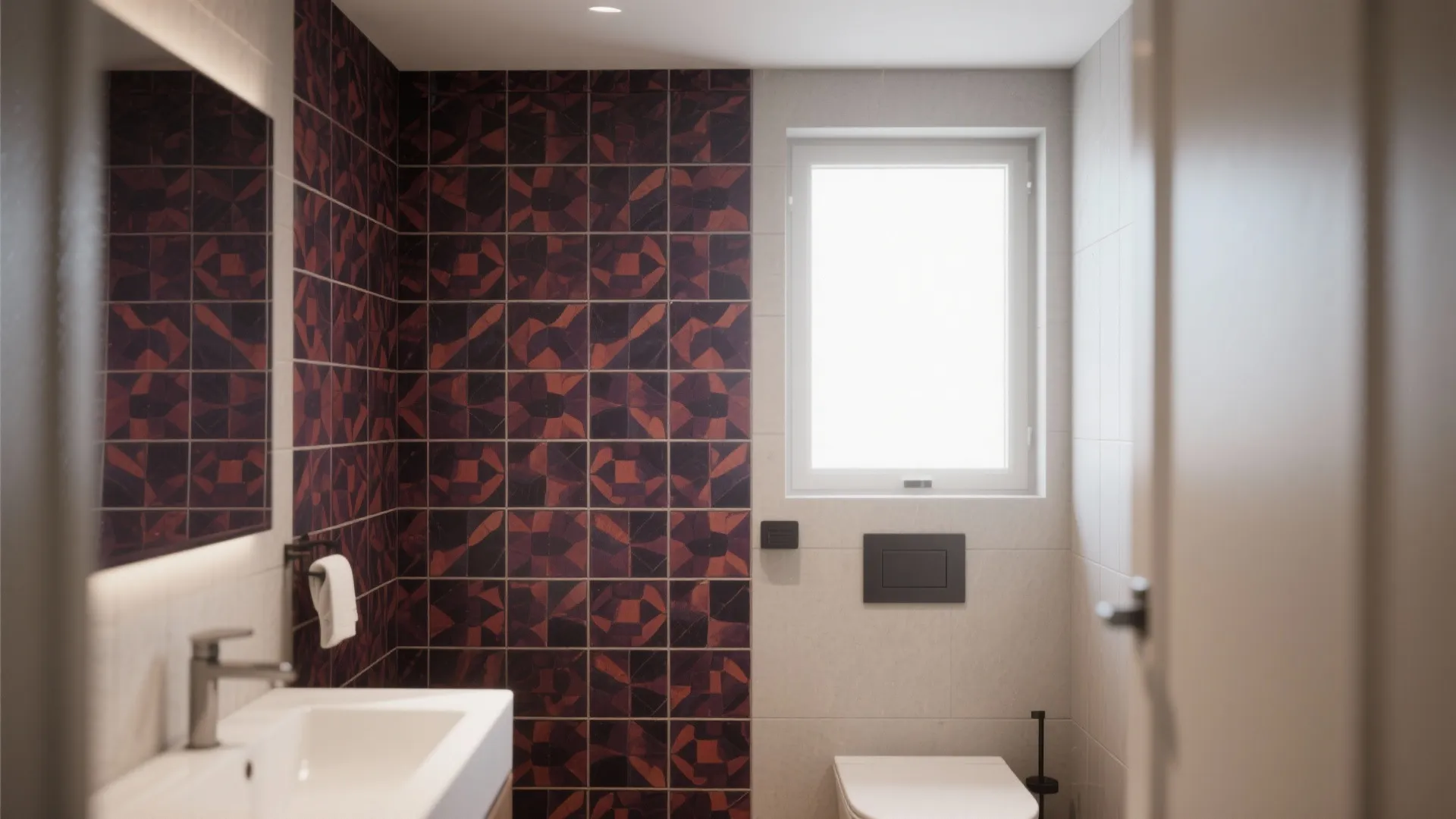 Bathroom featuring a dark patterned tile accent wall, white sink, small window, and white toilet