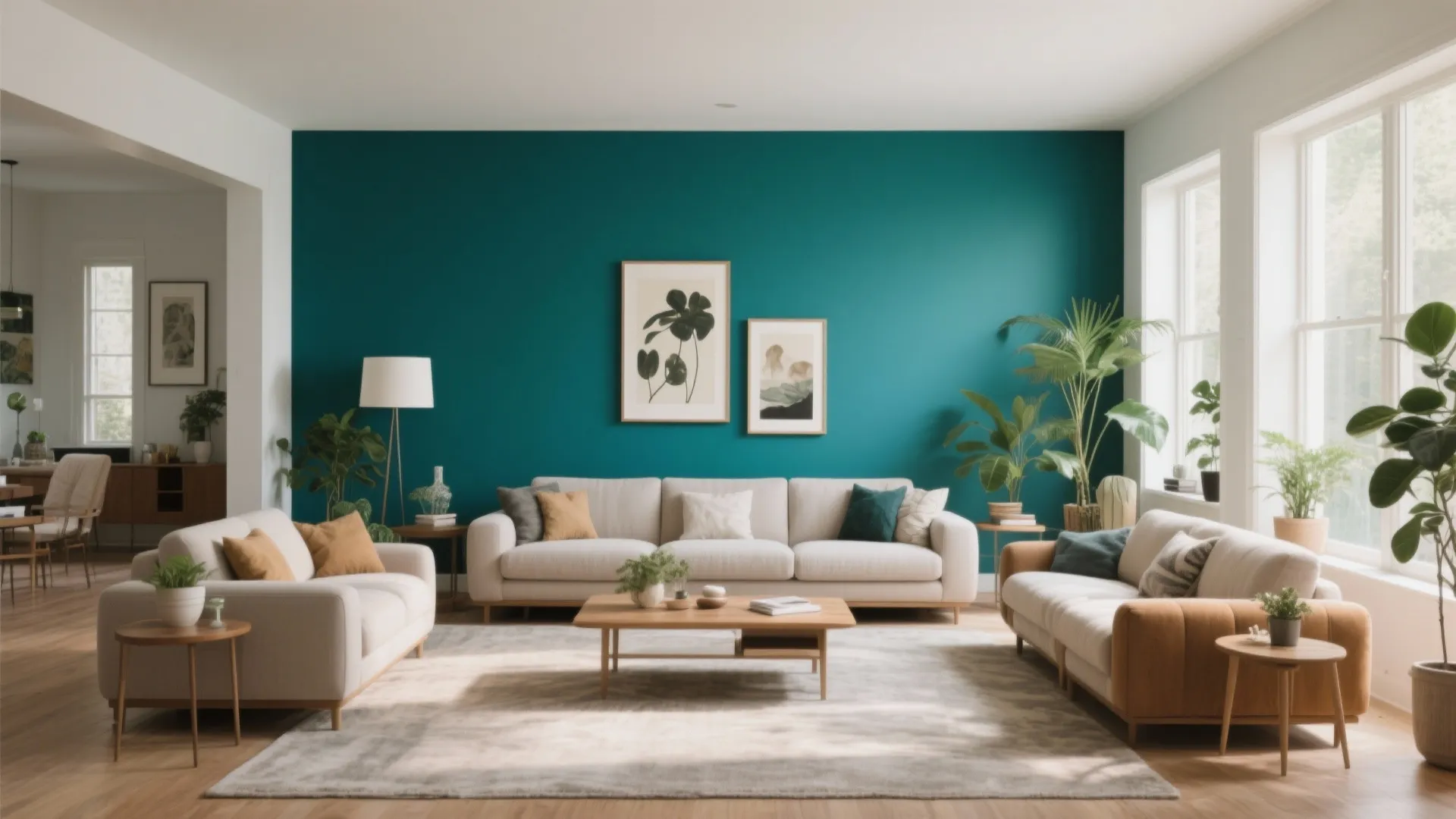 Modern living room featuring a teal accent wall with two white sofas and green indoor plants