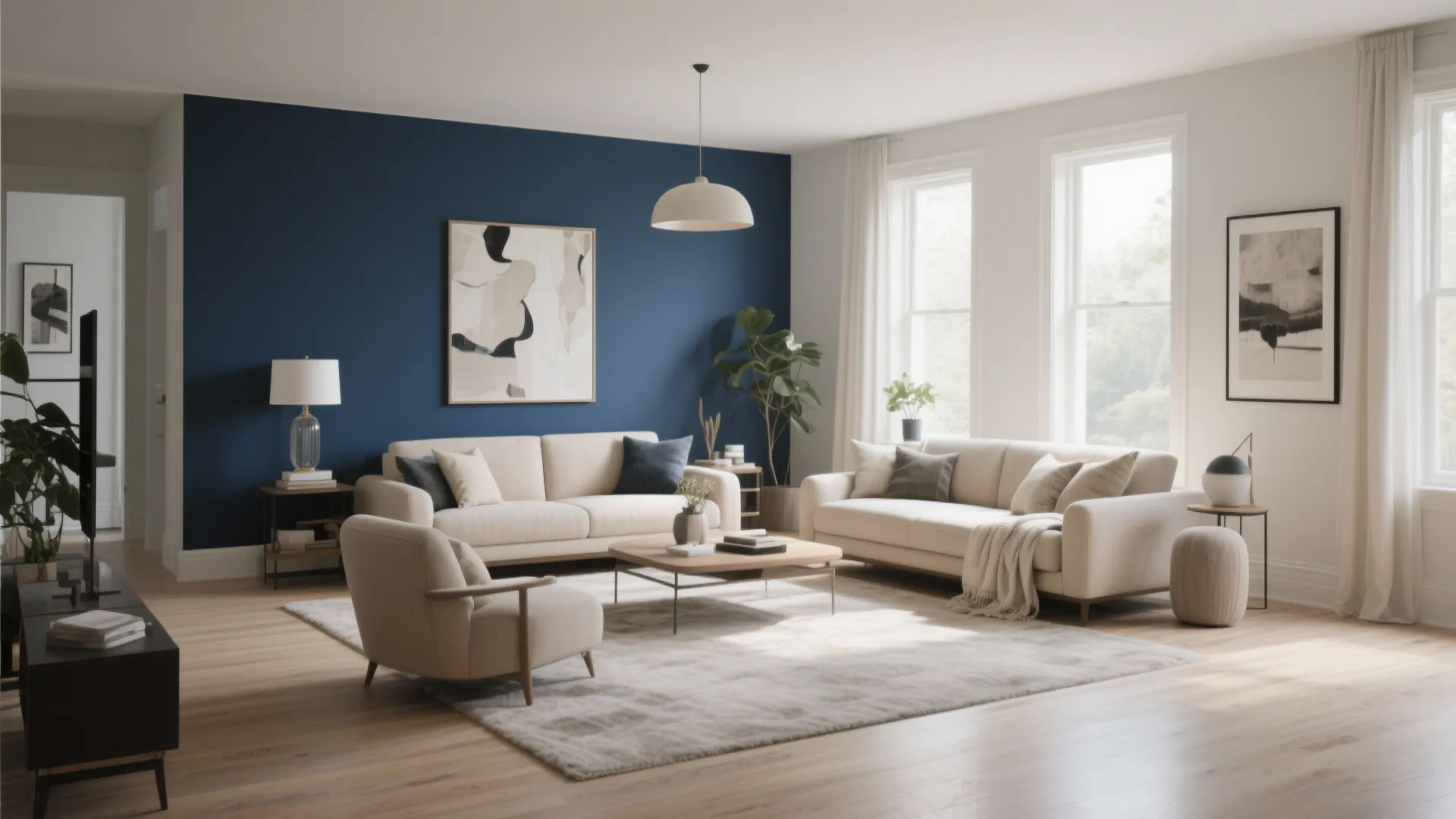 Living room with a dark blue wall beige sofas wooden floor white curtains and paintings