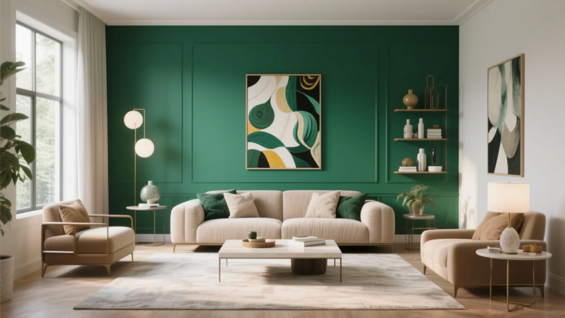 Modern living room featuring a dark green wall panel with beige sofa and floor lamp