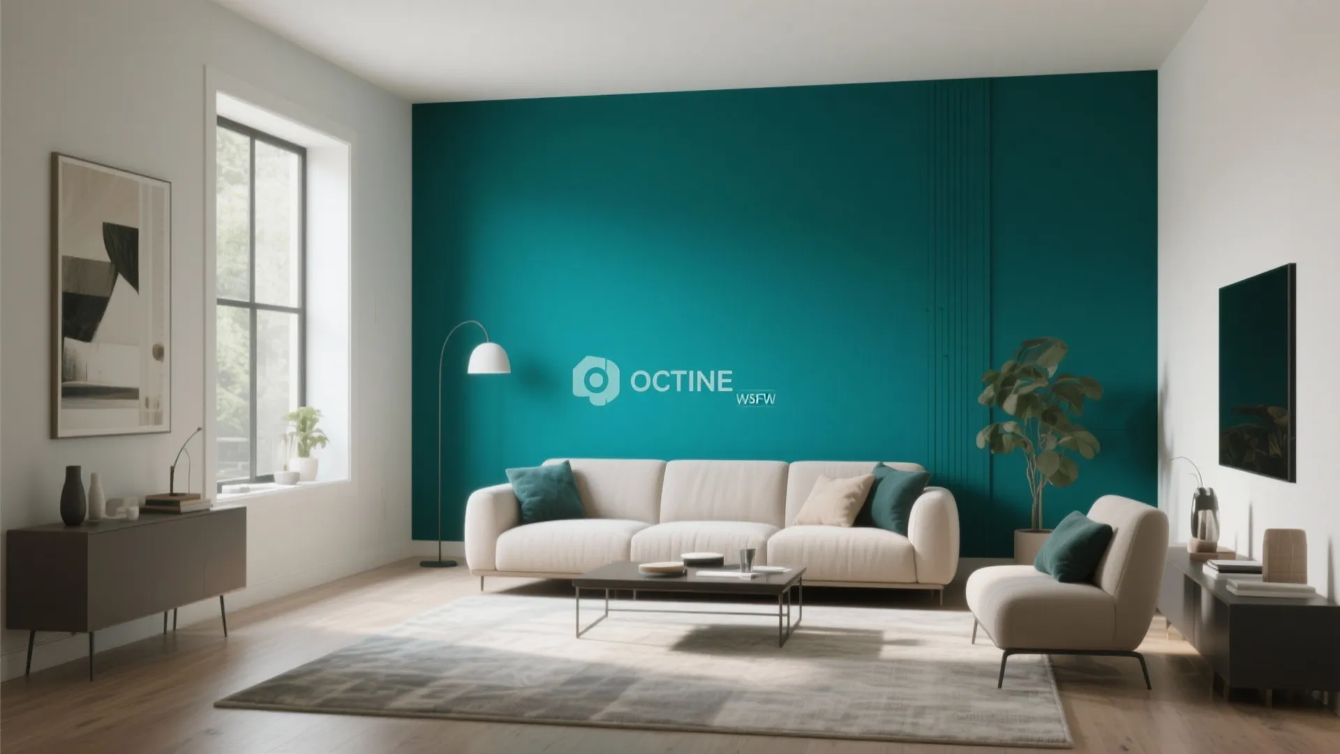 Modern living room featuring a dark teal wall behind a white sofa and grey rug