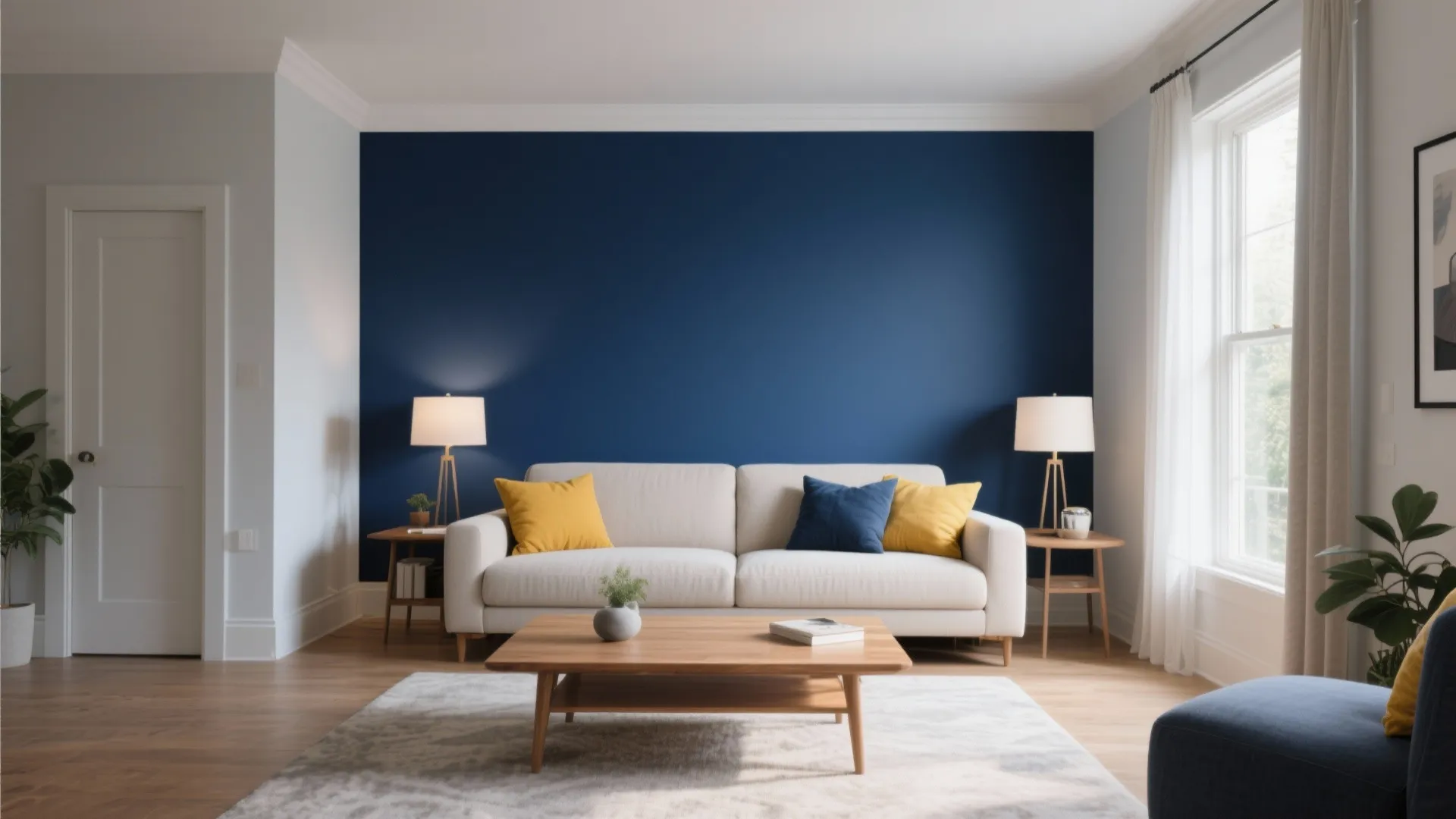 Modern living room with dark blue wall white sofa yellow pillows and wooden coffee table