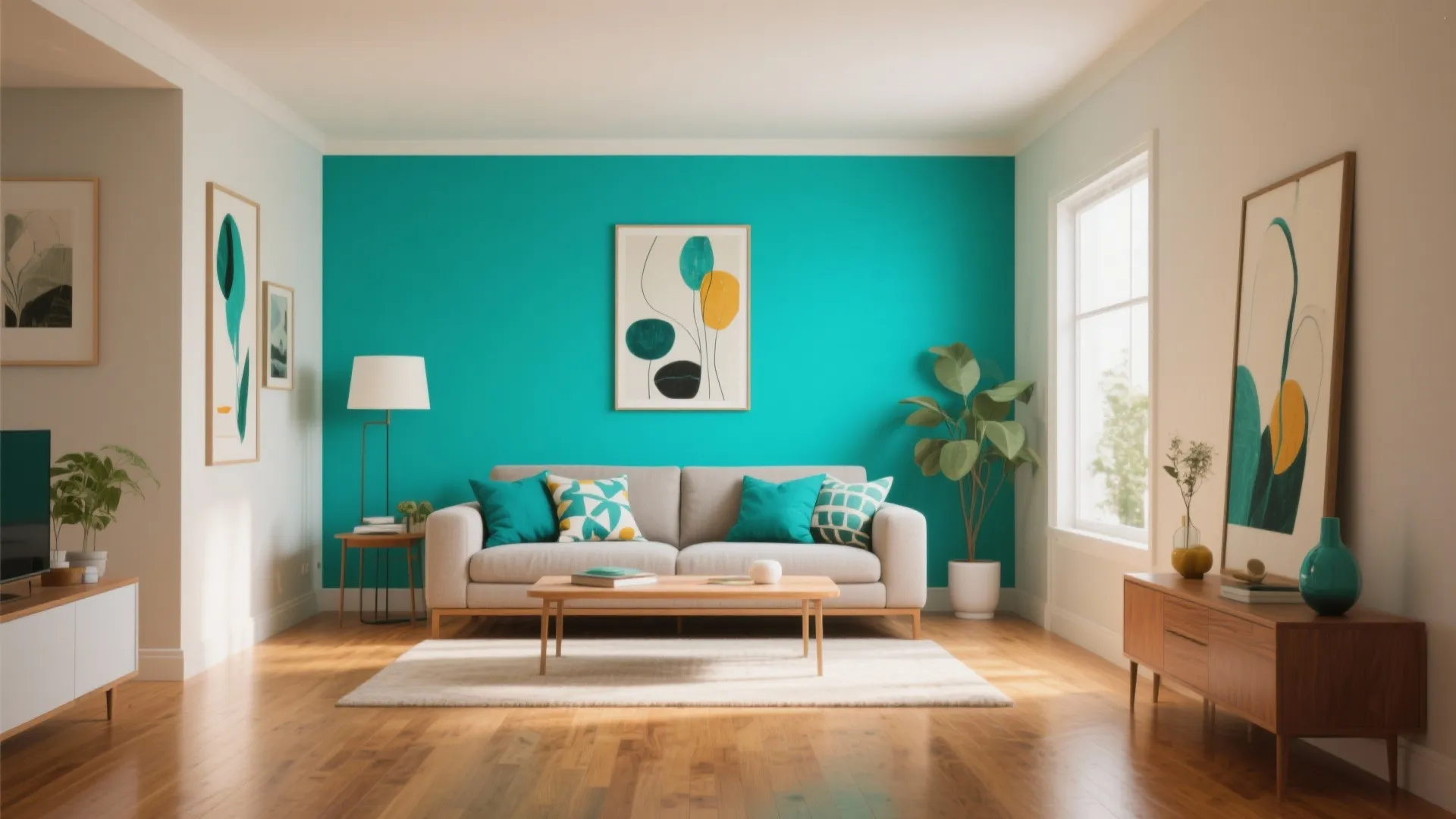 Living room with teal accent wall grey sofa wooden coffee table potted plants and framed artwork