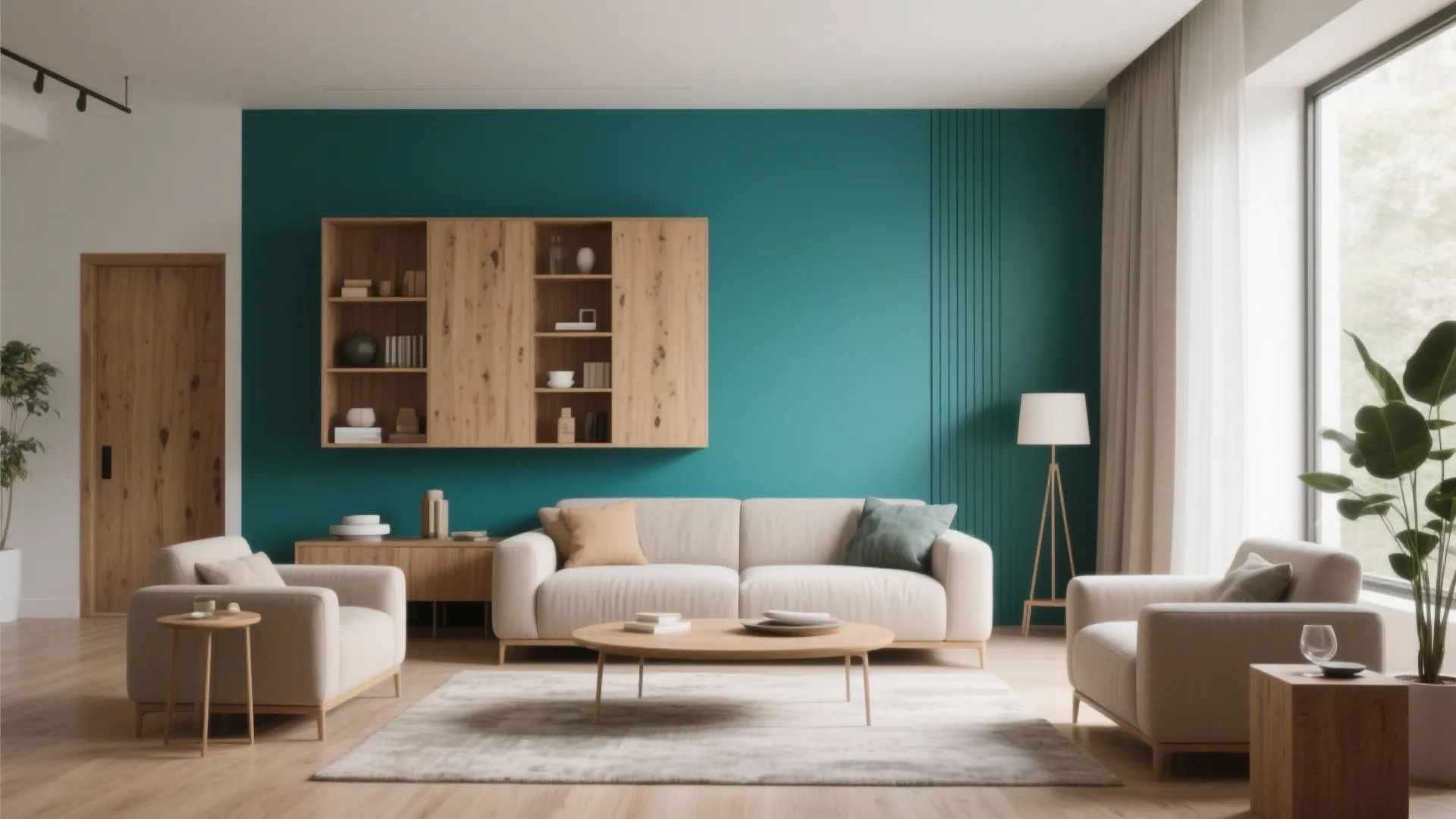 Minimalist living room with a dark teal accent wall wooden cabinet beige sofa and window