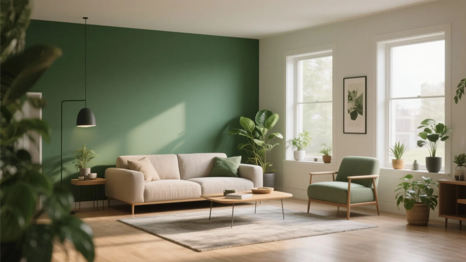 Modern living room featuring a green accent wall white sofa green chair and many indoor plants