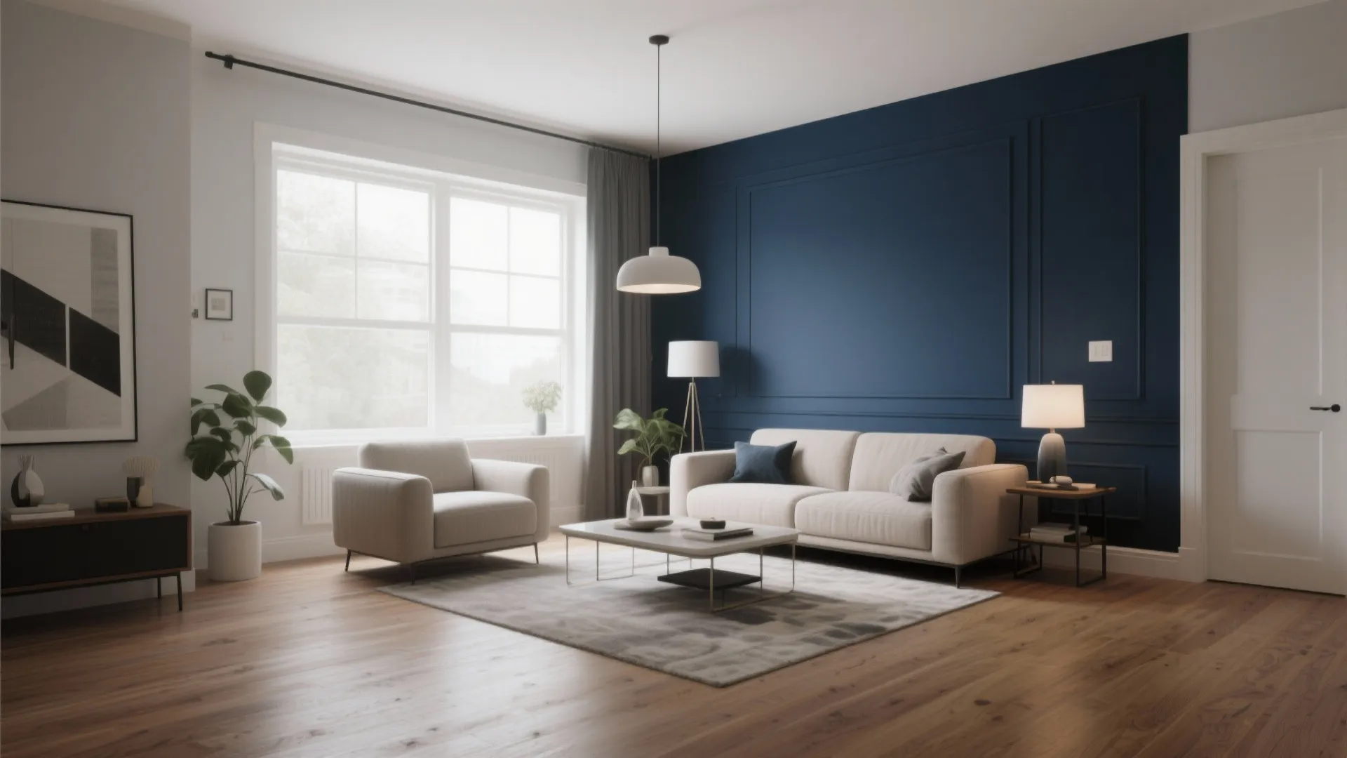 Modern living room with a navy blue wall panel beige sofa coffee table and wood floor