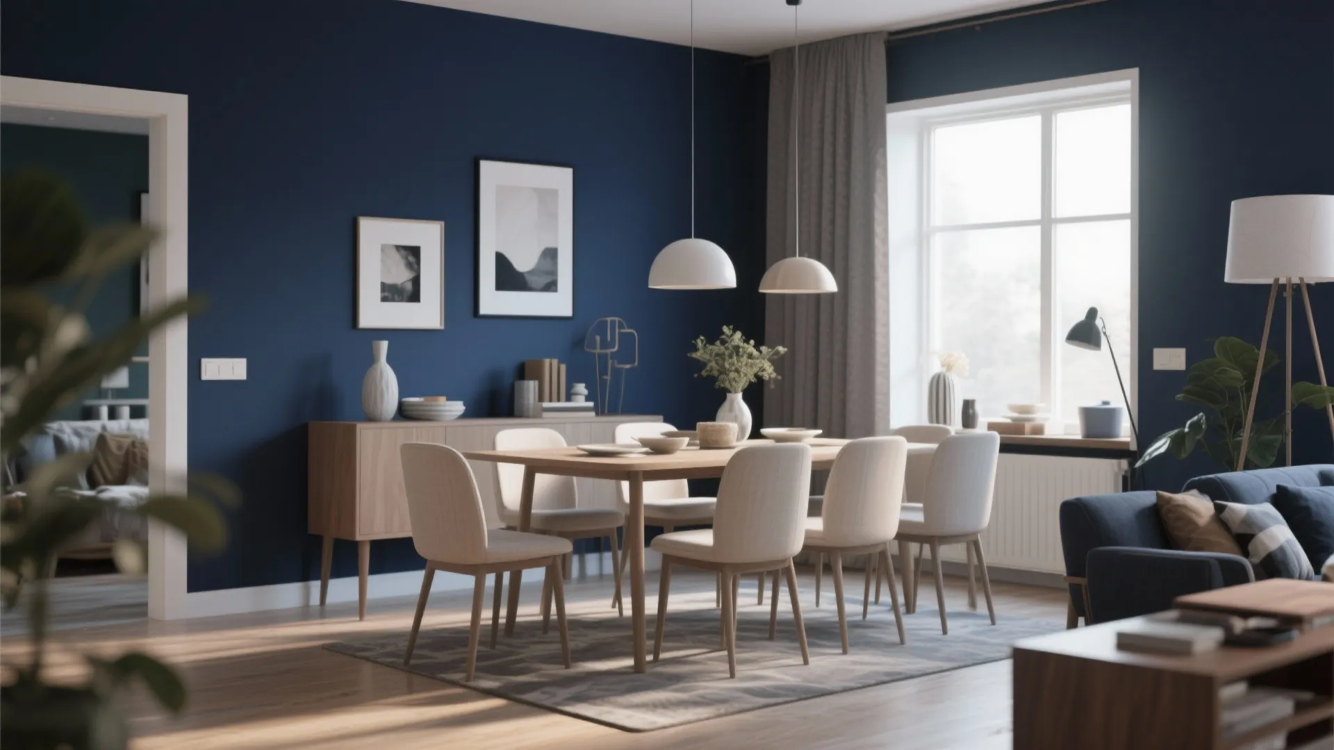 Dining area with dark blue walls featuring white chairs a wooden table and white lamps