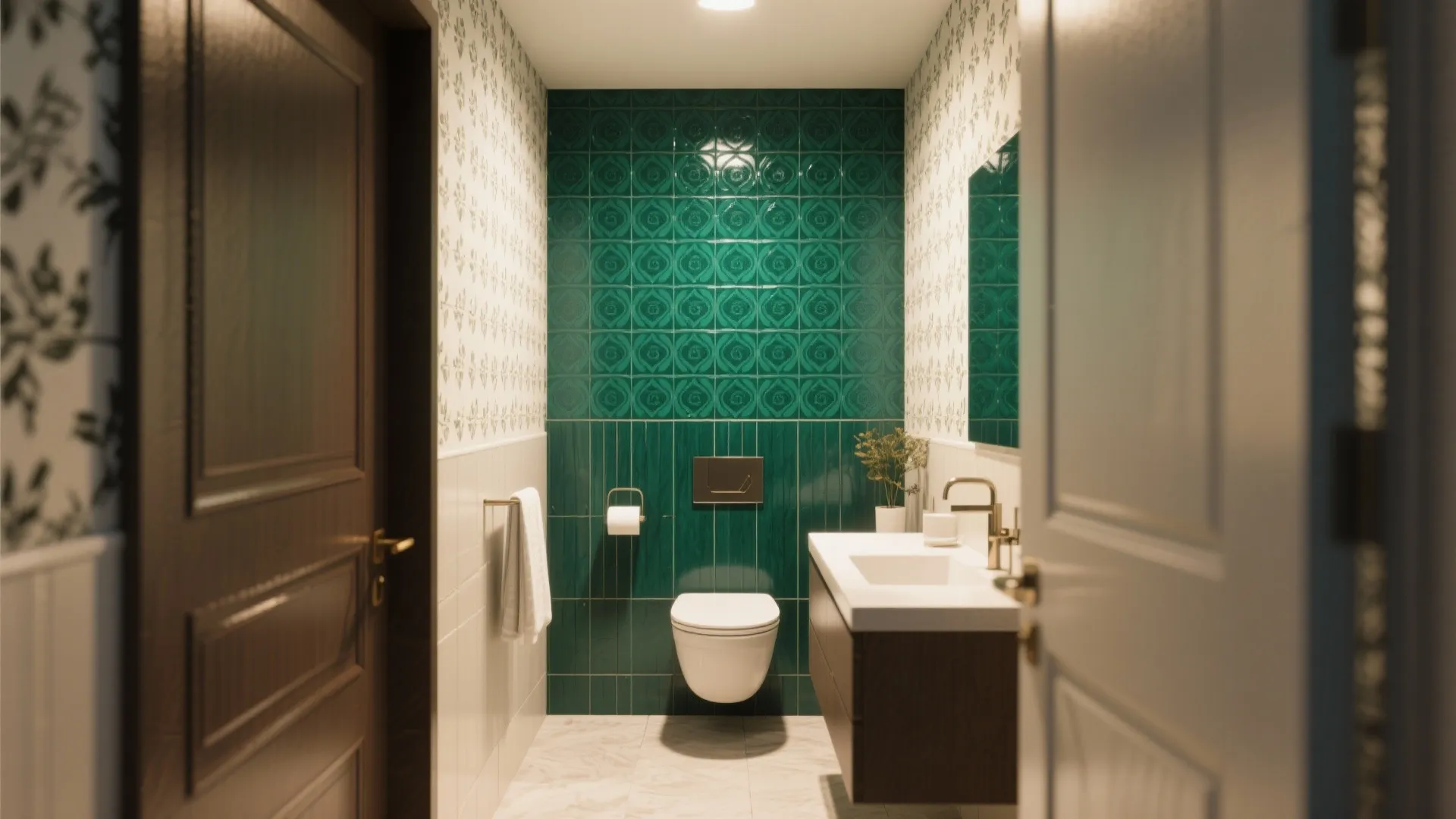 Modern bathroom with green tile accent wall white toilet dark wood cabinet and marble floor