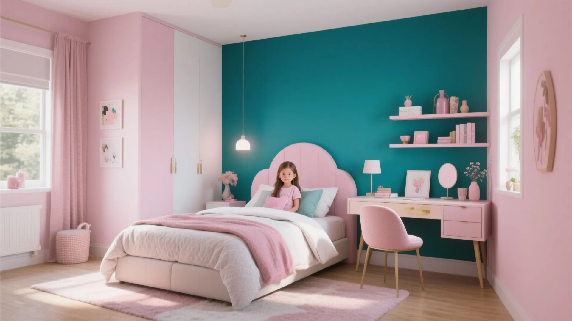 Girl's bedroom featuring dark teal accent wall, pink bed, desk, chair, and white storage cabinet