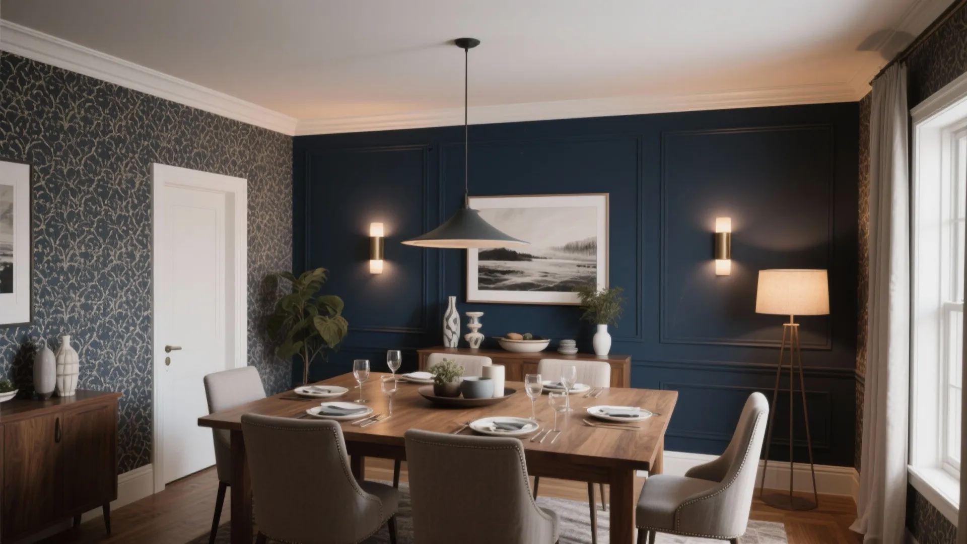 Dining room with blue wall panels dark wood table grey chairs and hanging ceiling light
