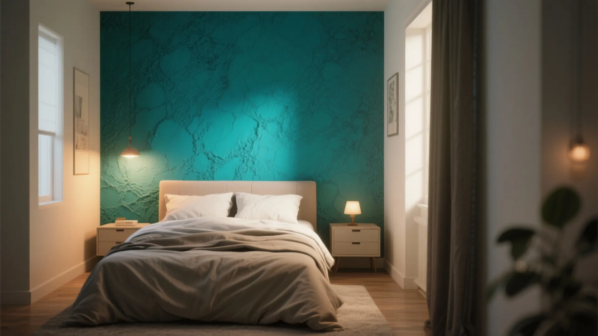 Modern bedroom featuring a textured teal wall with warm light fixtures and a grey bed