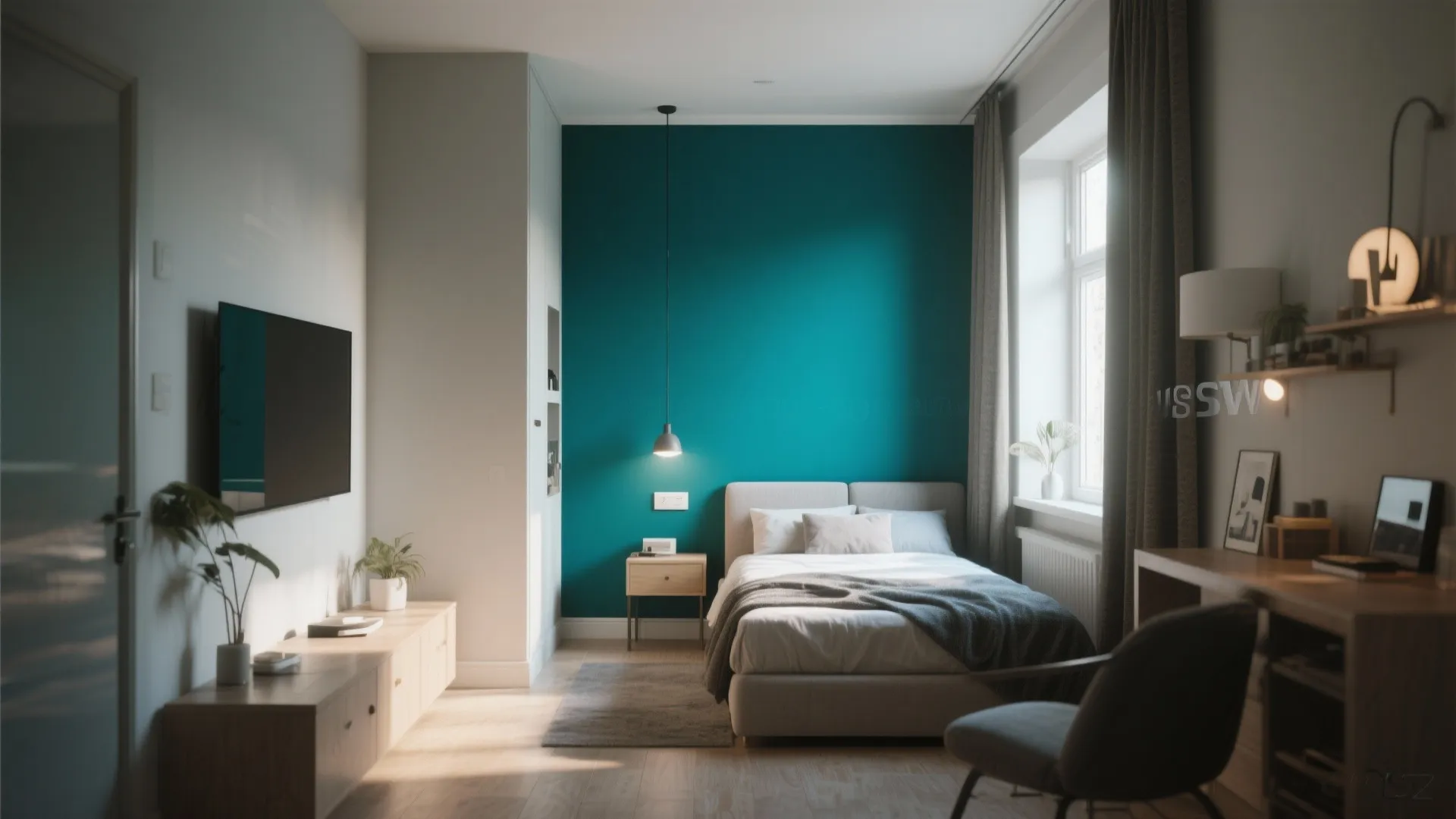 Modern bedroom with teal accent wall and grey bed and wood desk and natural light
