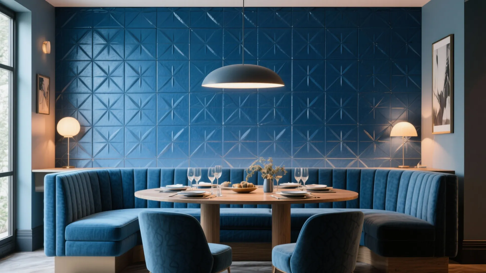 Dining area with blue wall panel textured surface round wood table blue sofa and light