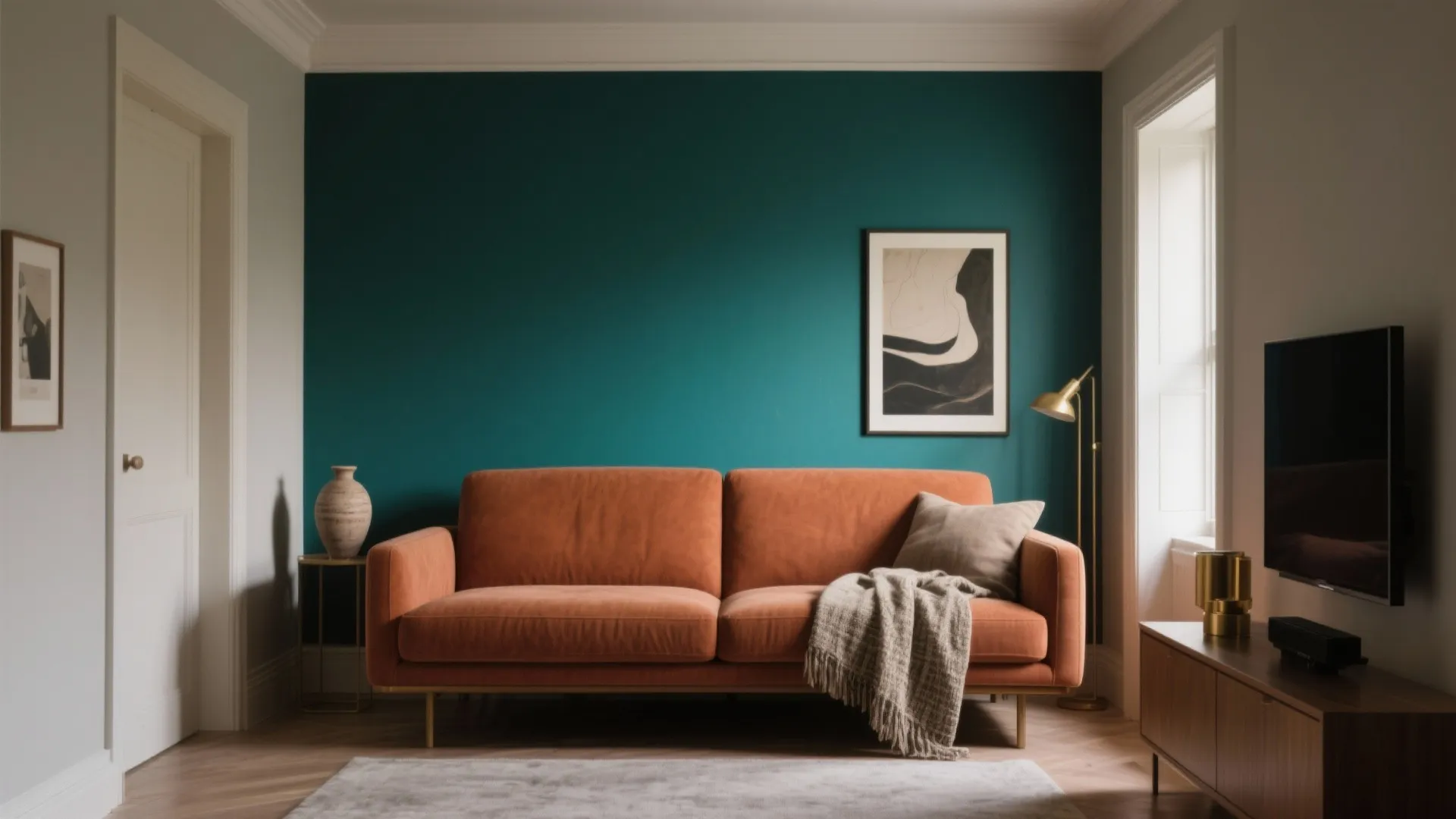 Living room with teal accent wall orange sofa wooden cabinet floor lamp and framed art