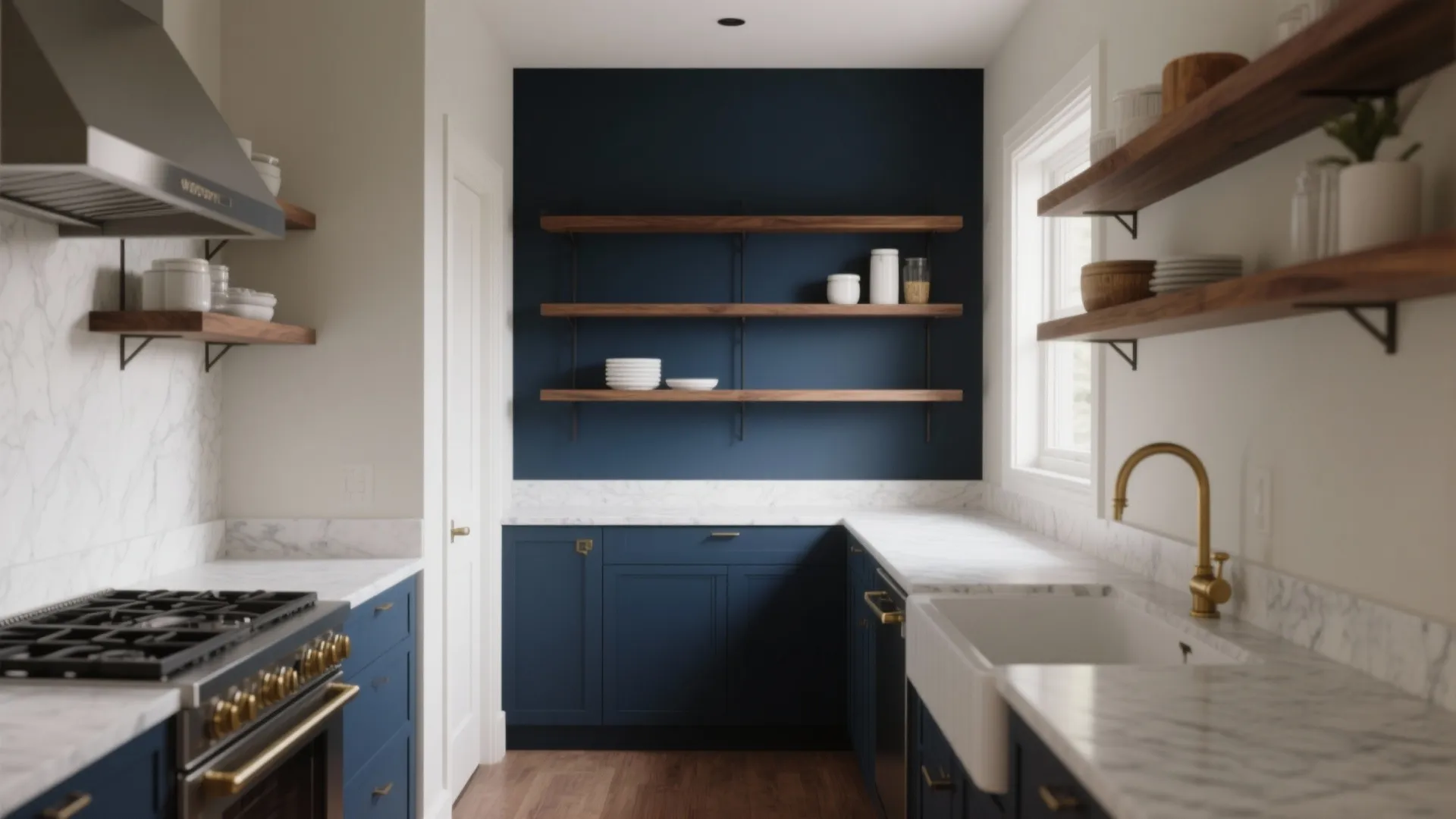 Modern blue kitchen design with marble countertops wooden shelves gold faucet and dark blue accent wall