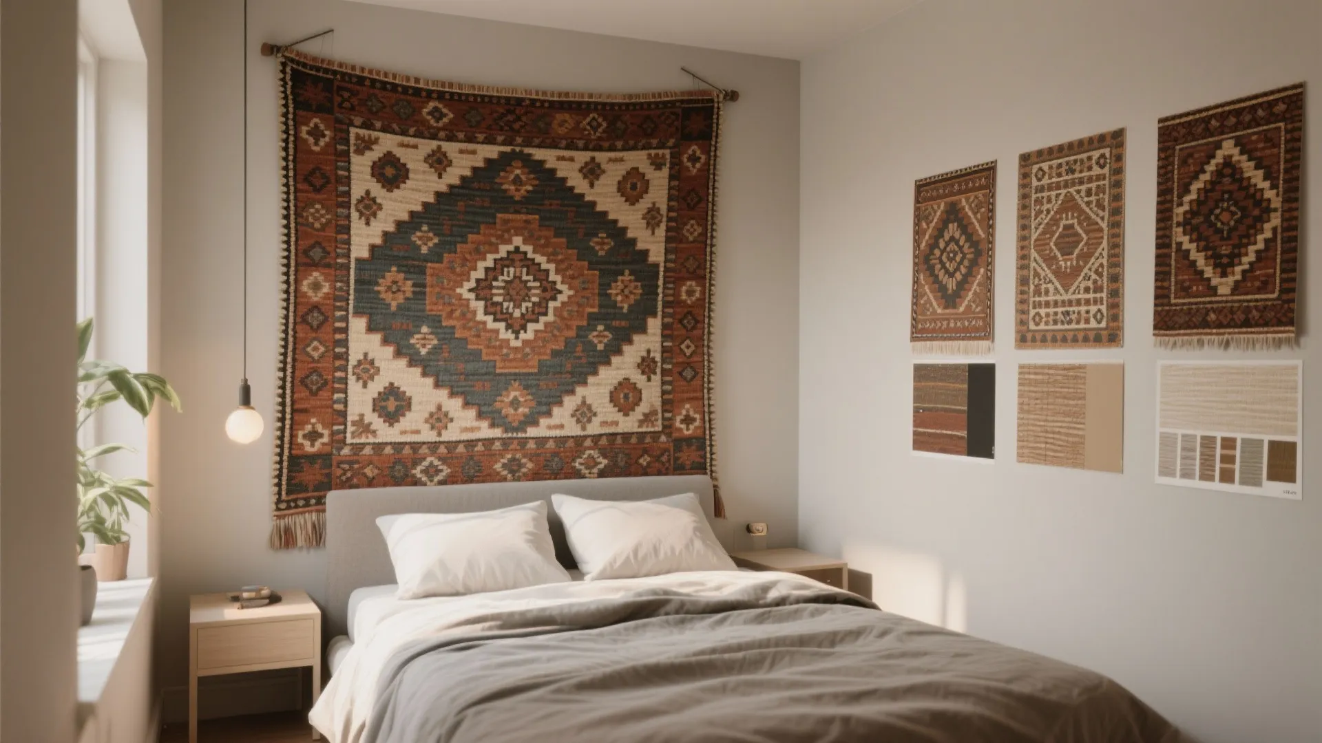 Modern bedroom with large patterned wall hanging, bed, wooden side table, and interior design swatches