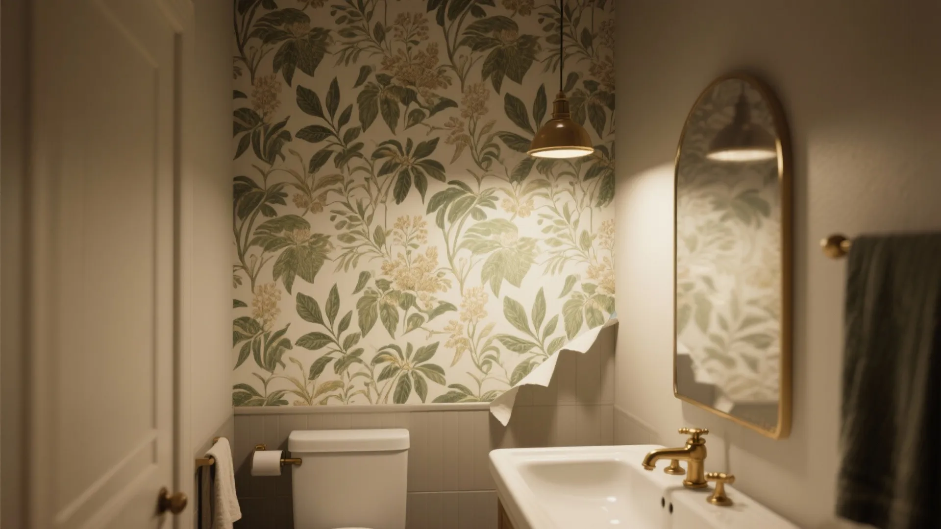 Small bathroom with floral wallpaper being applied above a white toilet and a gold sink