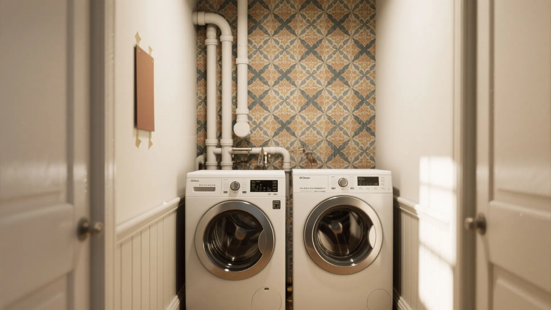 Narrow laundry nook with a bold patterned accent wallpaper behind the washer and dryer.