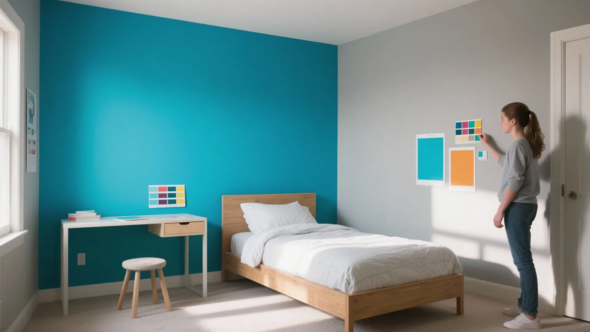 Teen bedroom focused on a single jewel-blue accent wall with paint swatches and simple modern furniture.