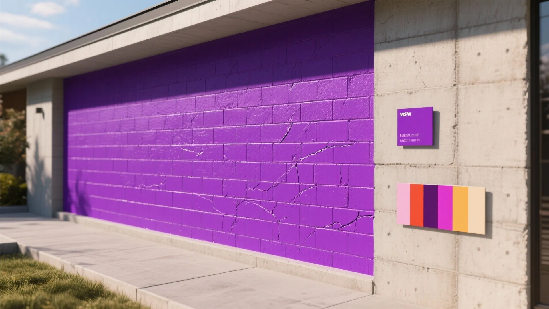 Modern house exterior featuring a bright purple painted brick wall next to a clean concrete walkway