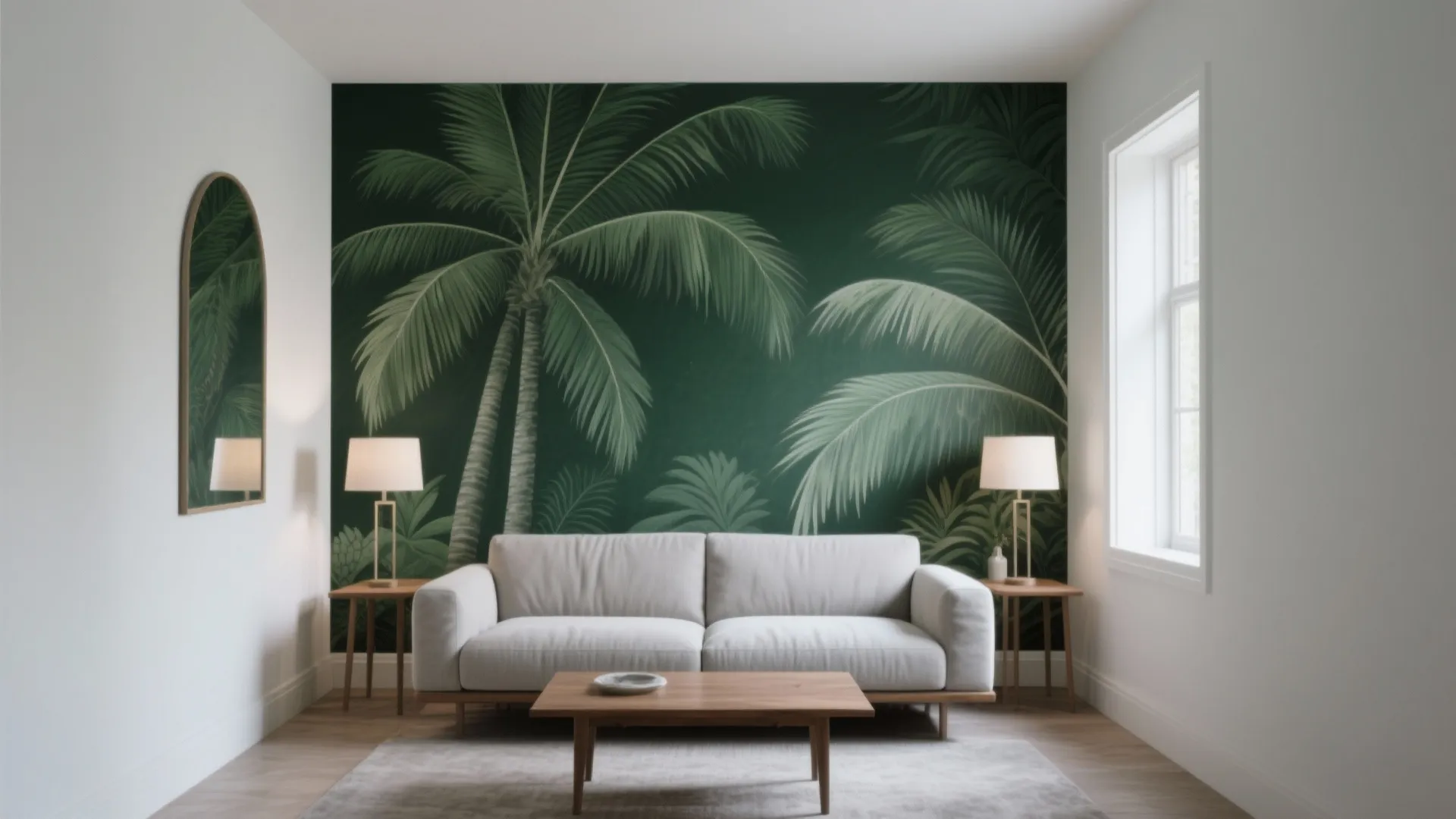 Compact living room with a deep green palm mural accent wall and white surrounding walls for balanced depth.