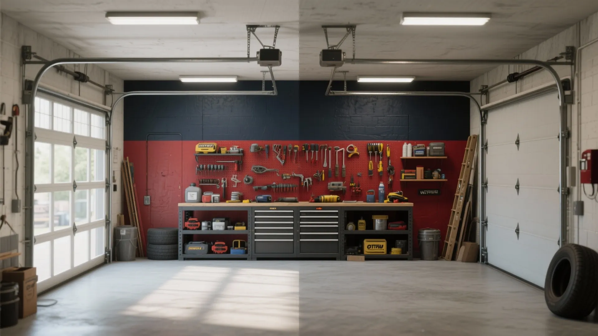 Garage workshop with dark blue and red accent wall metal tool cabinet and white ceiling lights
